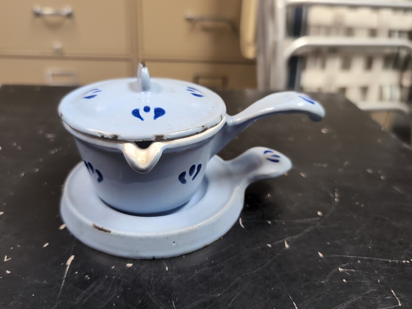Vintage Belgian Descoware Blue Flower Butter Warmer Pot with Lid and Trivet