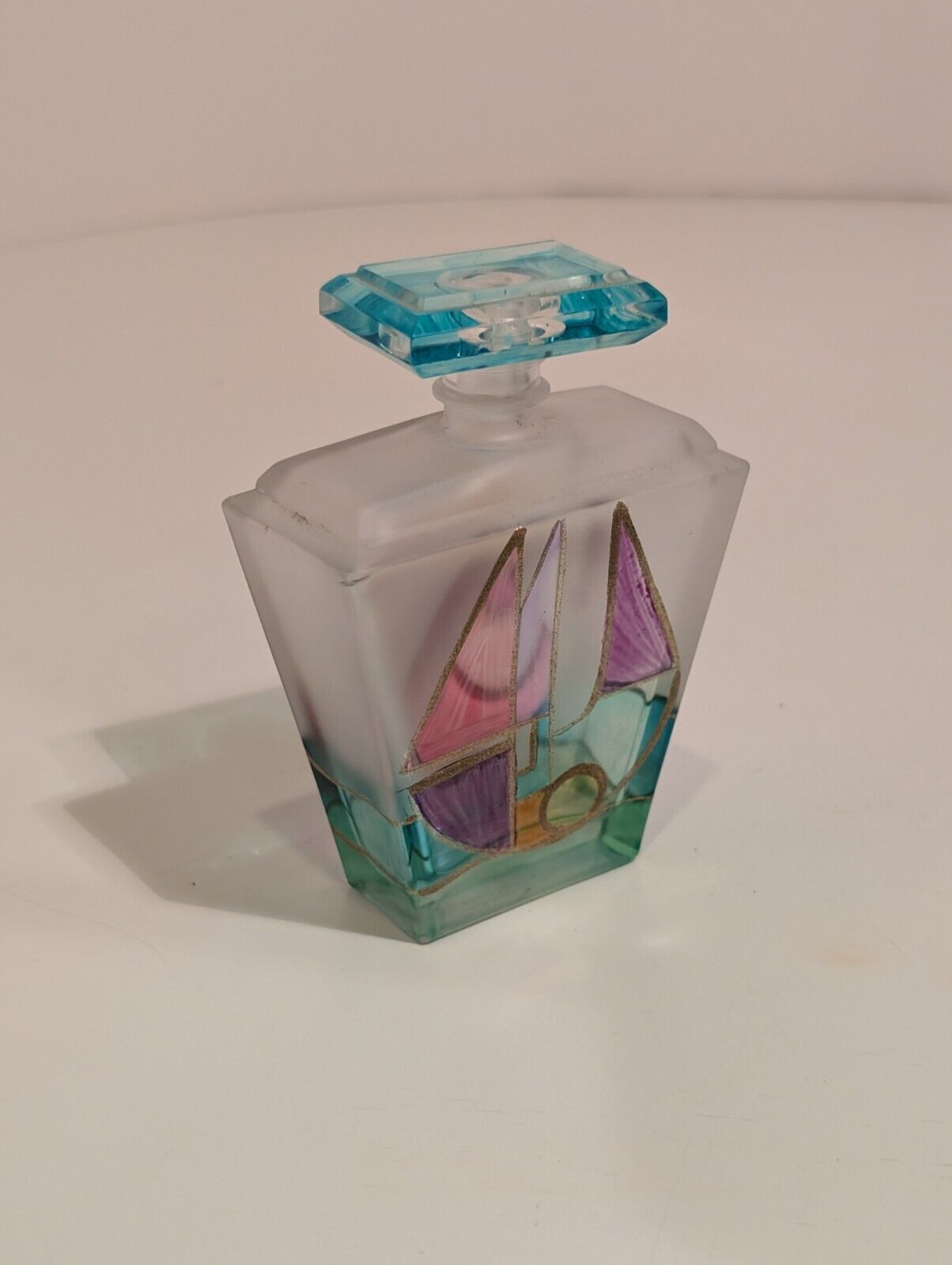 Punto Arte 4” Glass Perfume Bottle Hand painted Sailboat Frosted Glass