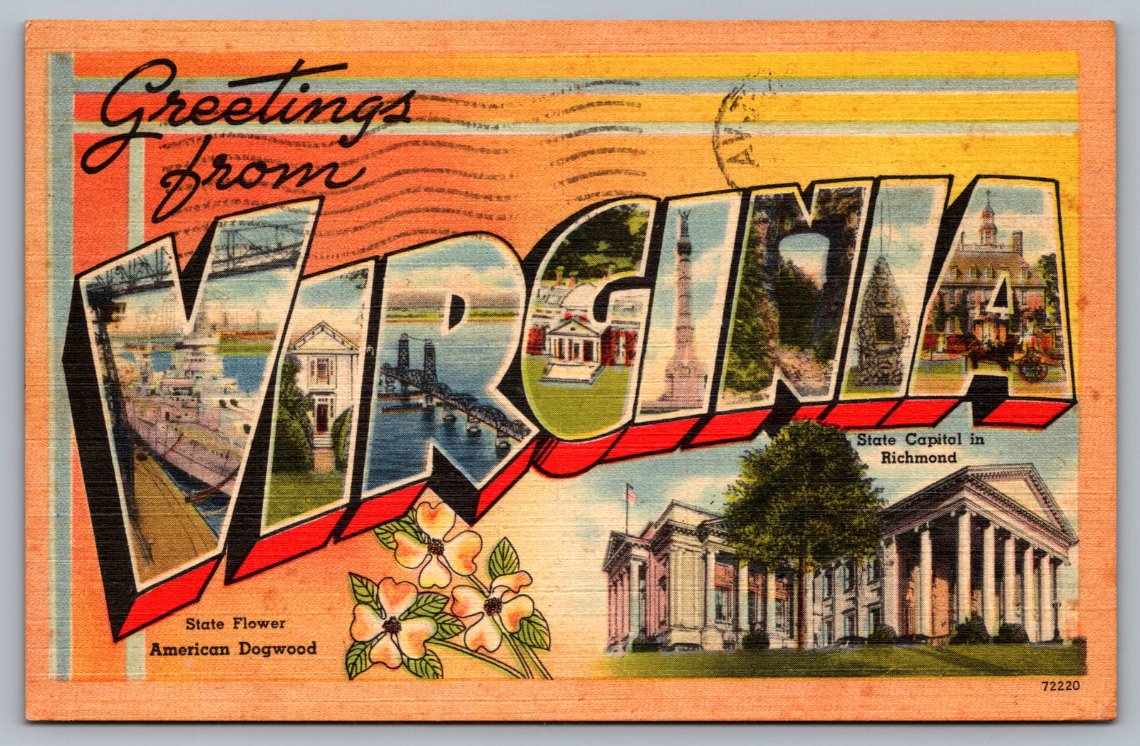 Postcard Large Letters Greetings from Virginia Linen Posted 1948