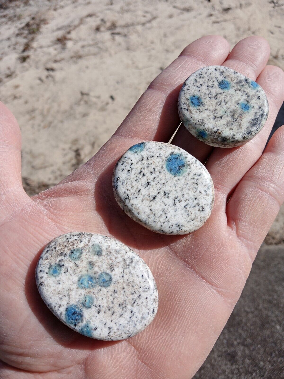 Lot of 3 K2 Polished Granite Azurite Mineral Specimens. Beautiful Blue Spots O7