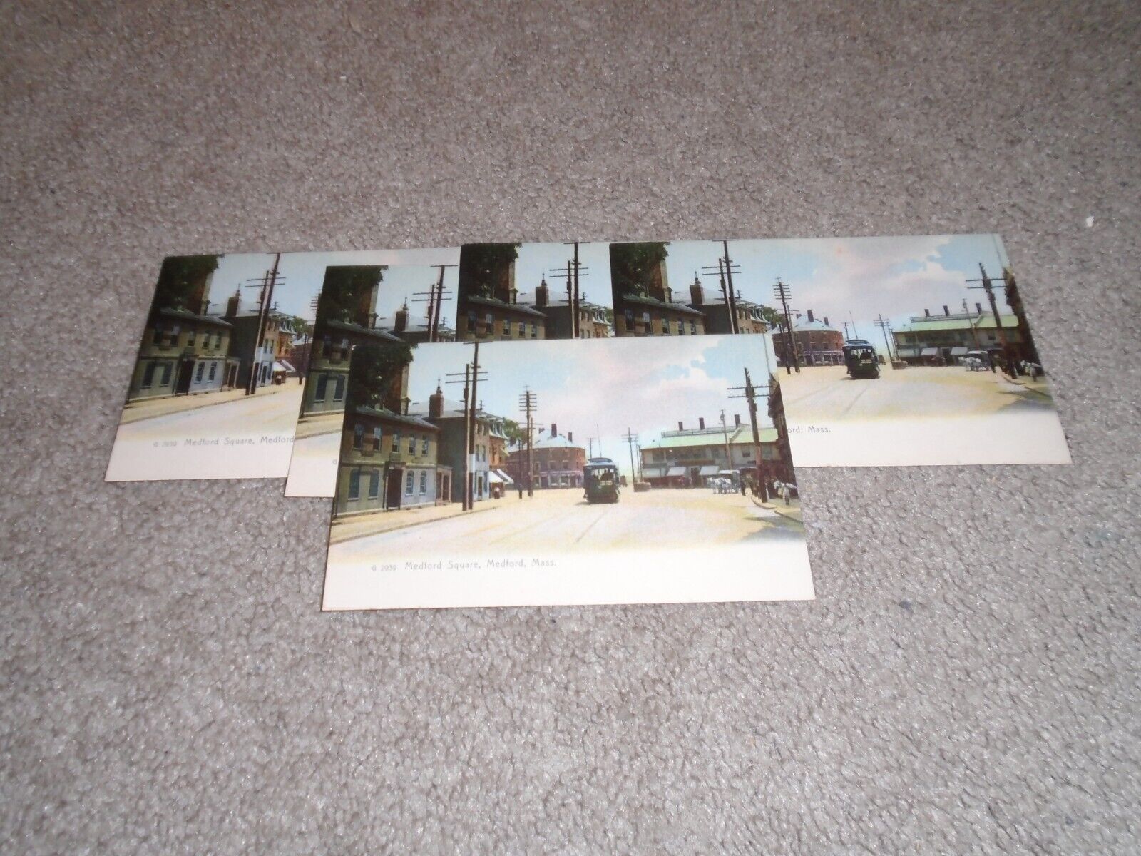 Lot of 5 Early Postcards Medford Square Medford MA, Trolley, Horses