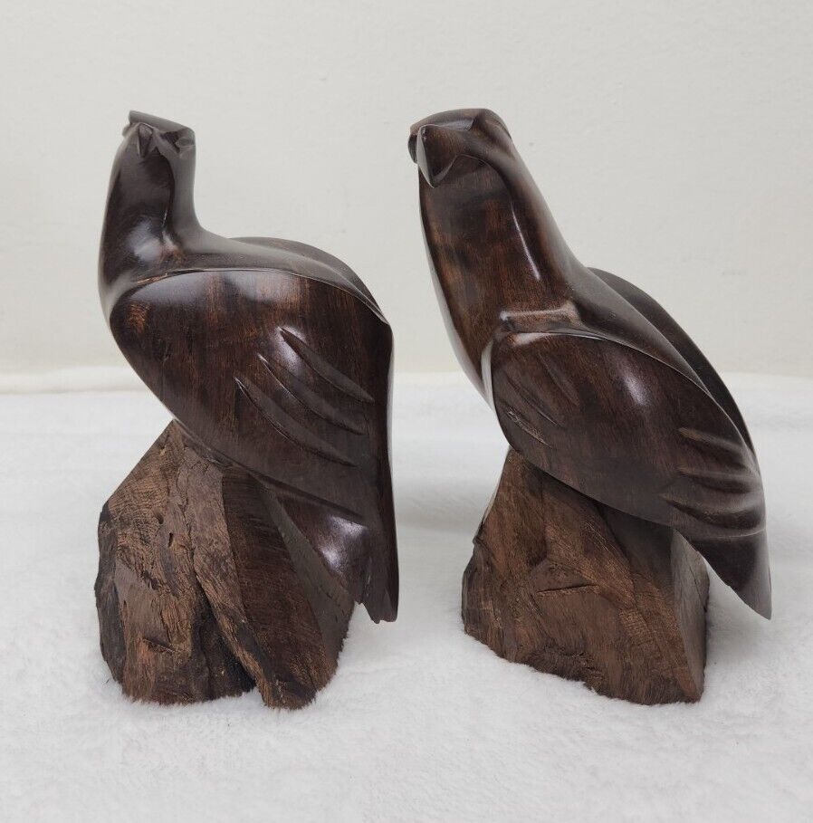 2 Vintage Rare Detailed HAND-CARVED WOODEN EAGLE SCULPTURE STATUE Real Wood