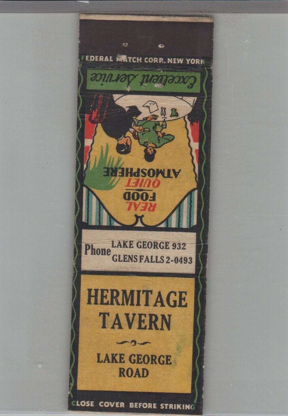 Matchbook Cover 1920s-30's Federal Match Hermitage Tavern Glens Falls, NY
