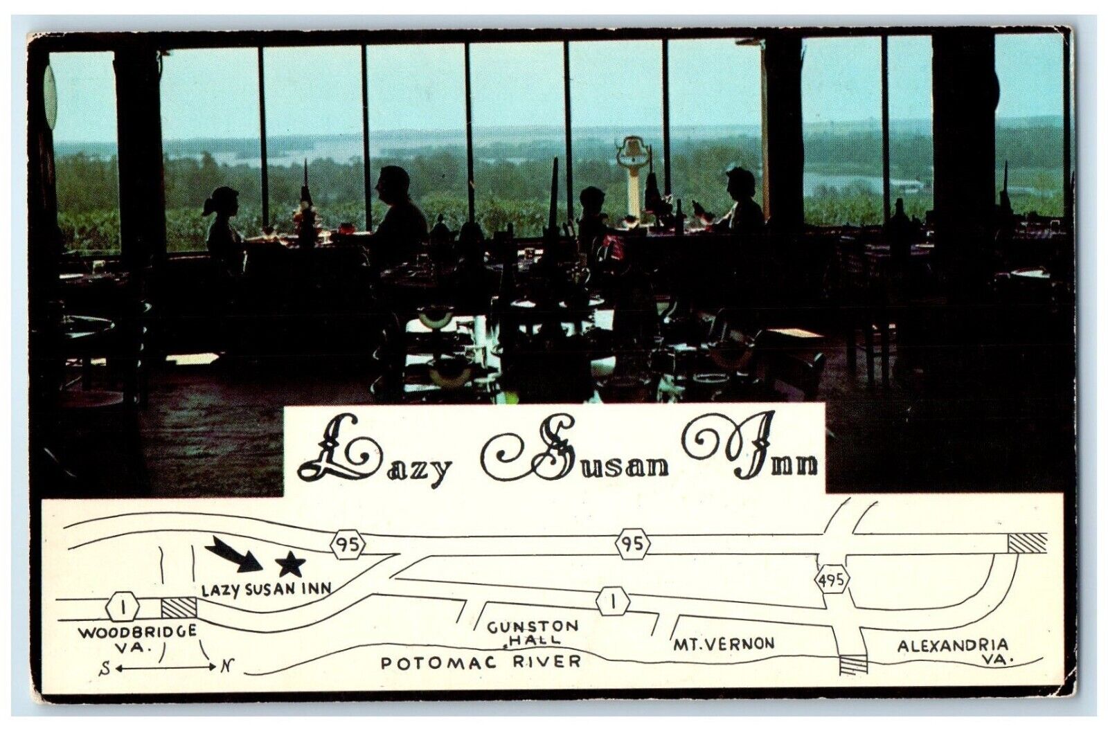 c1930's Lazy Susan Inn Dining Room Map Guide Overlooking Potomac River Postcard