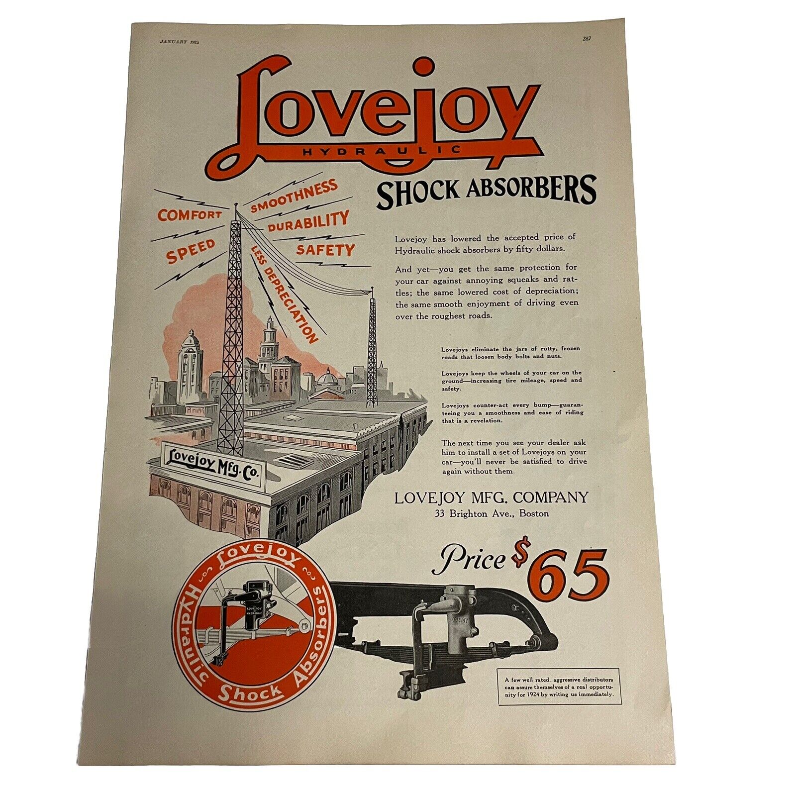 1924 Vintage Print Ad LOVEJOY MFG Company, Boston-Hydraulic SHOCK ABSORBERS