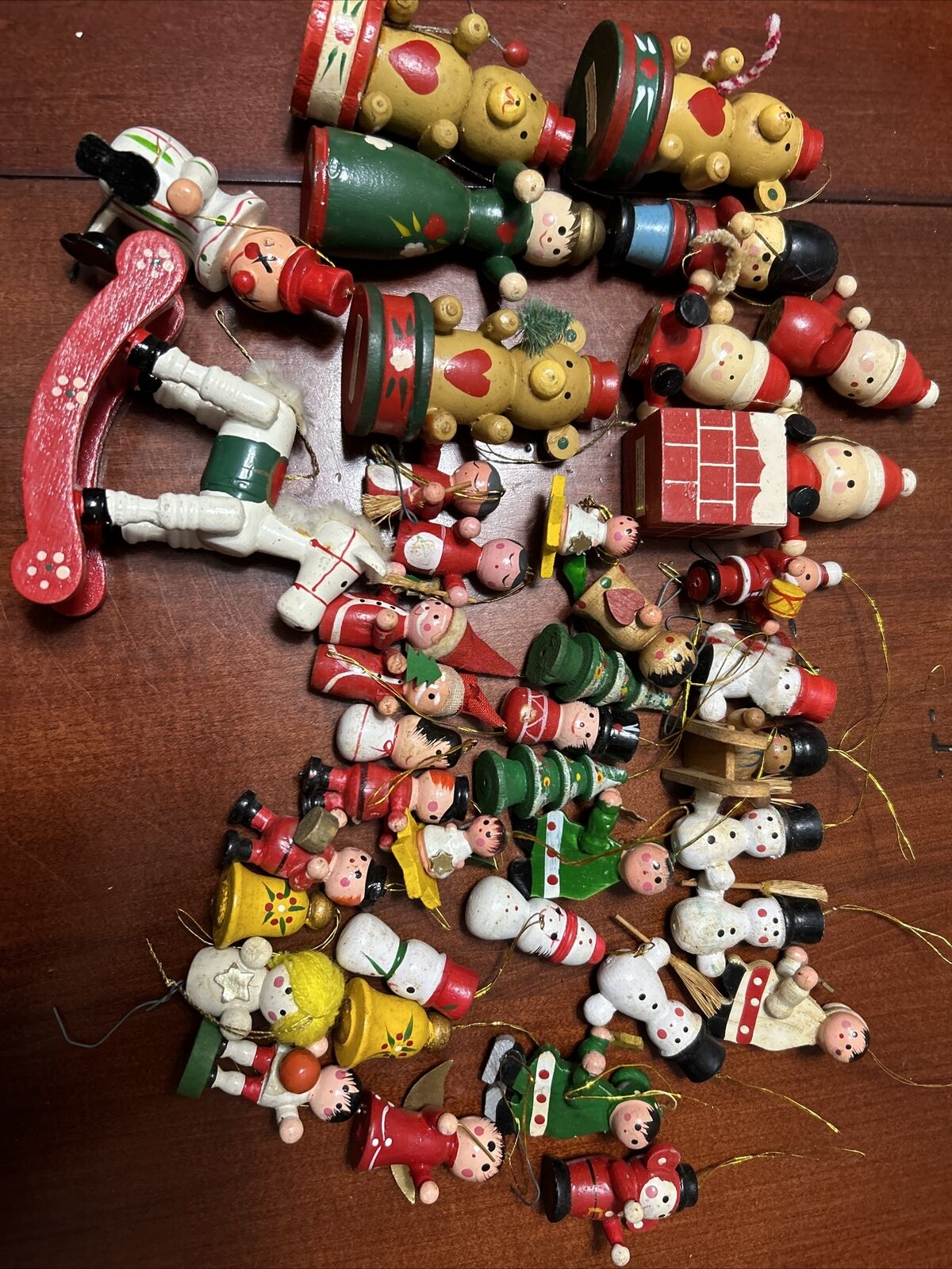 Lot 40 Vintage Wooden Christmas Ornaments Santa Snowman Bears Trees Soldiers Etc