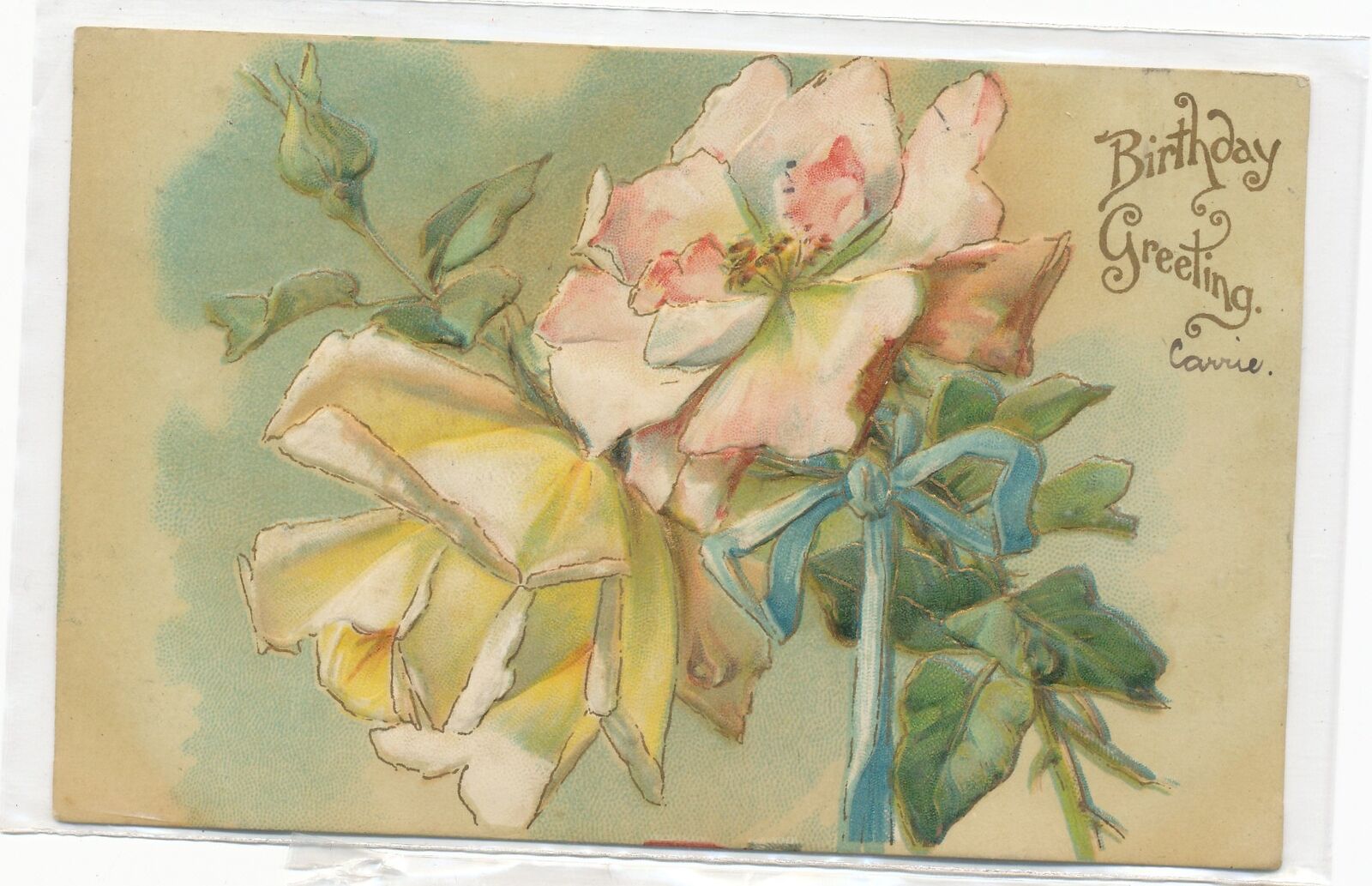 Birthday Greeting - Large Pink & Yellow Roses - Postcard #529 - used 1907