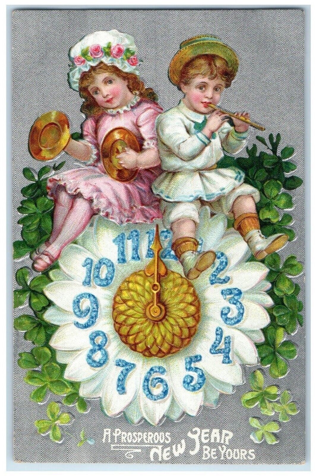 c1910's New Year Kids On Top Of Flower Clock Shamrock Embossed Antique Postcard
