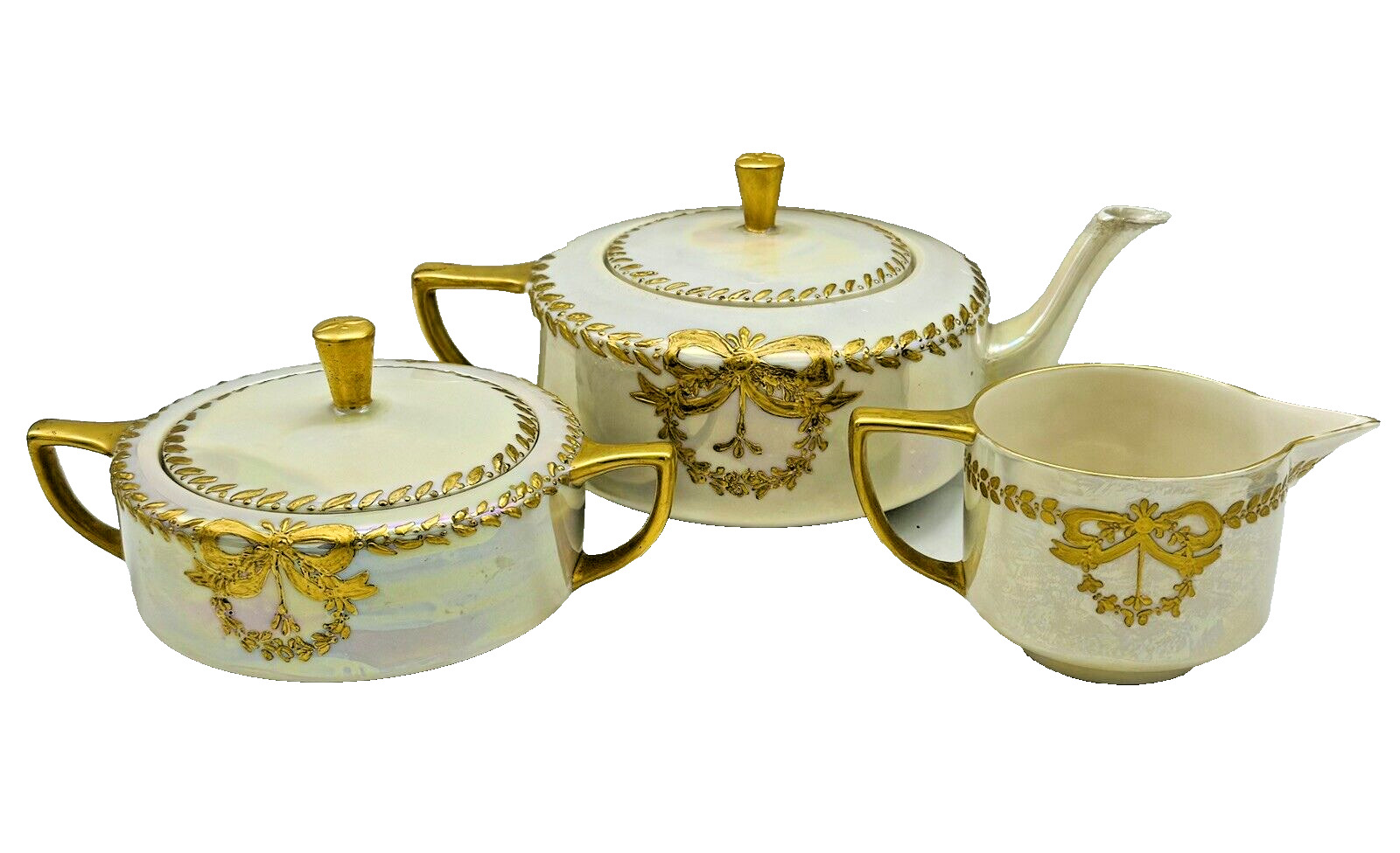 Antique Tea Set Willets American Belleek Porcelain Teapot Creamer & Sugar Bowl