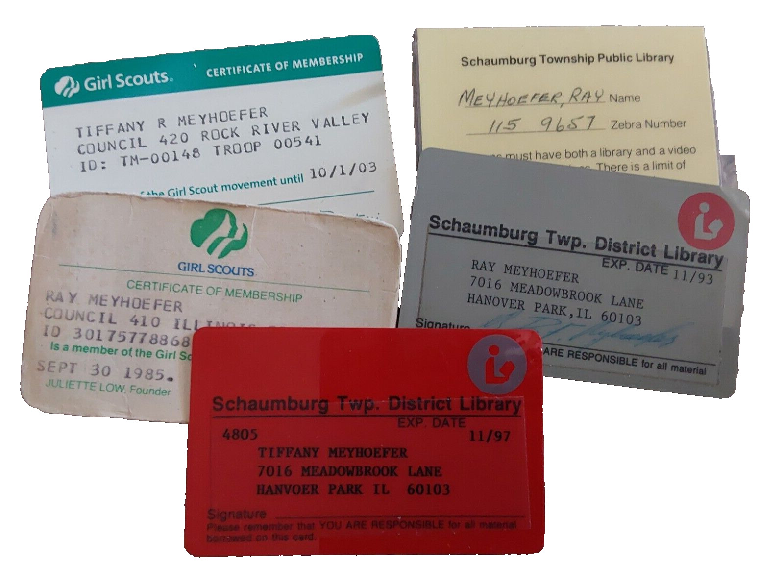 4 vintage MEMBERSHIP cards - GIRL SCOUTS & LIBRARY