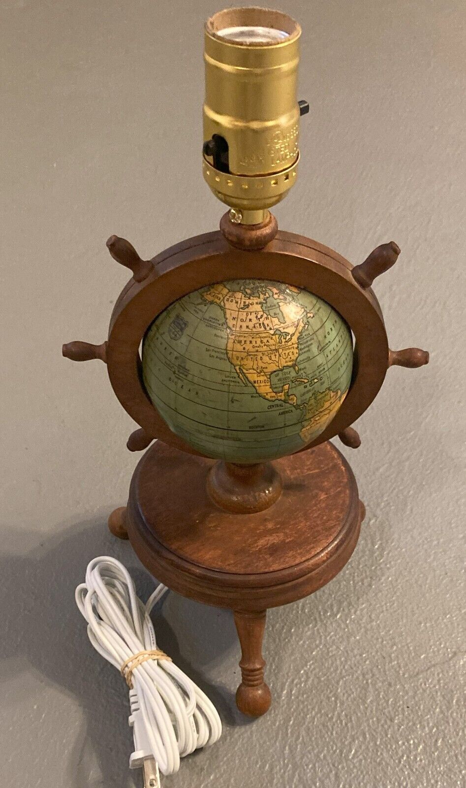 Vintage 1970s Small Wooden Globe Lamp World Earth Map Nautical Masculine Decor