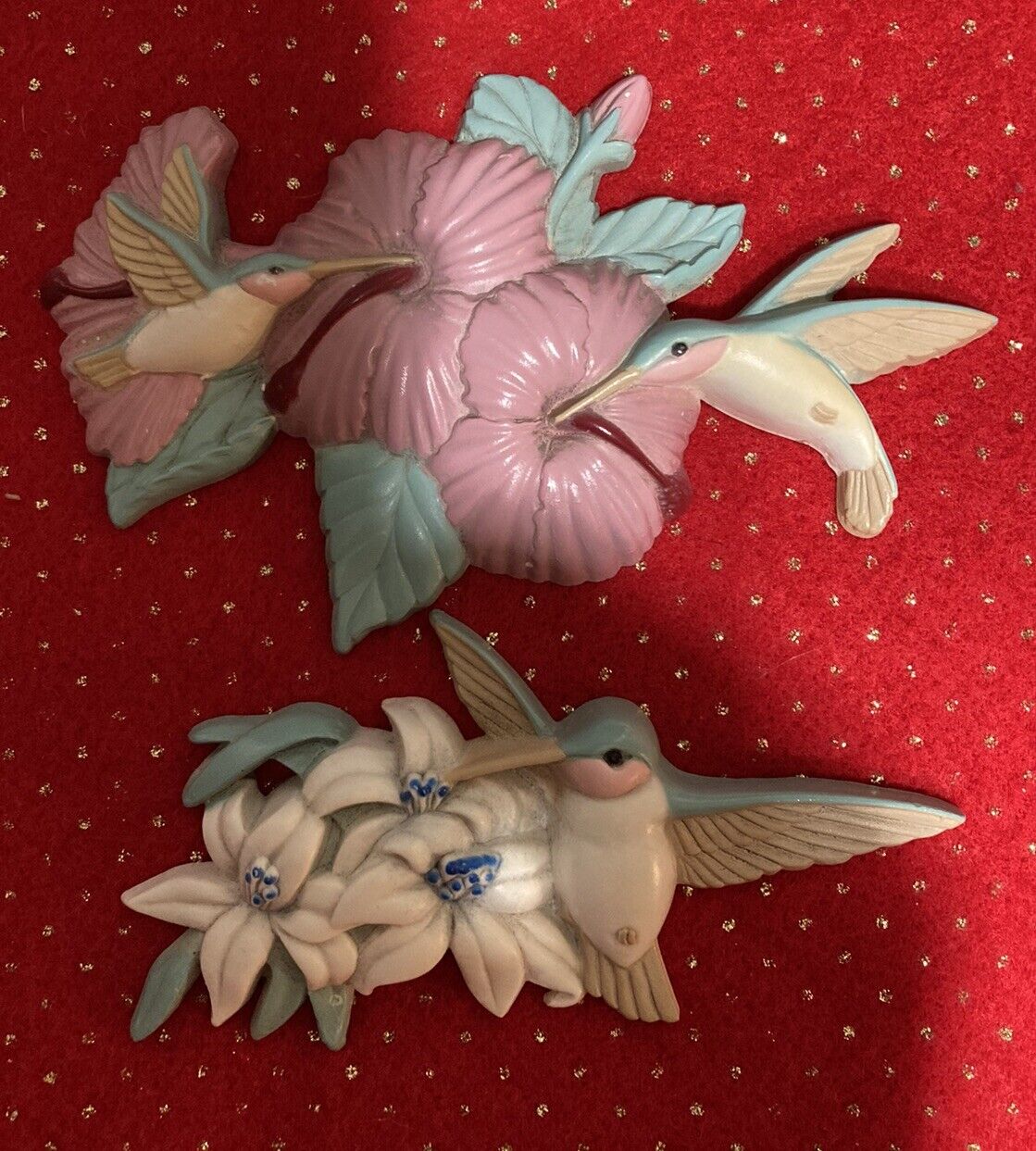 Pair of Hummingbirds Flowers Plastic Wall Art Plaques Burwood Products Vtg
