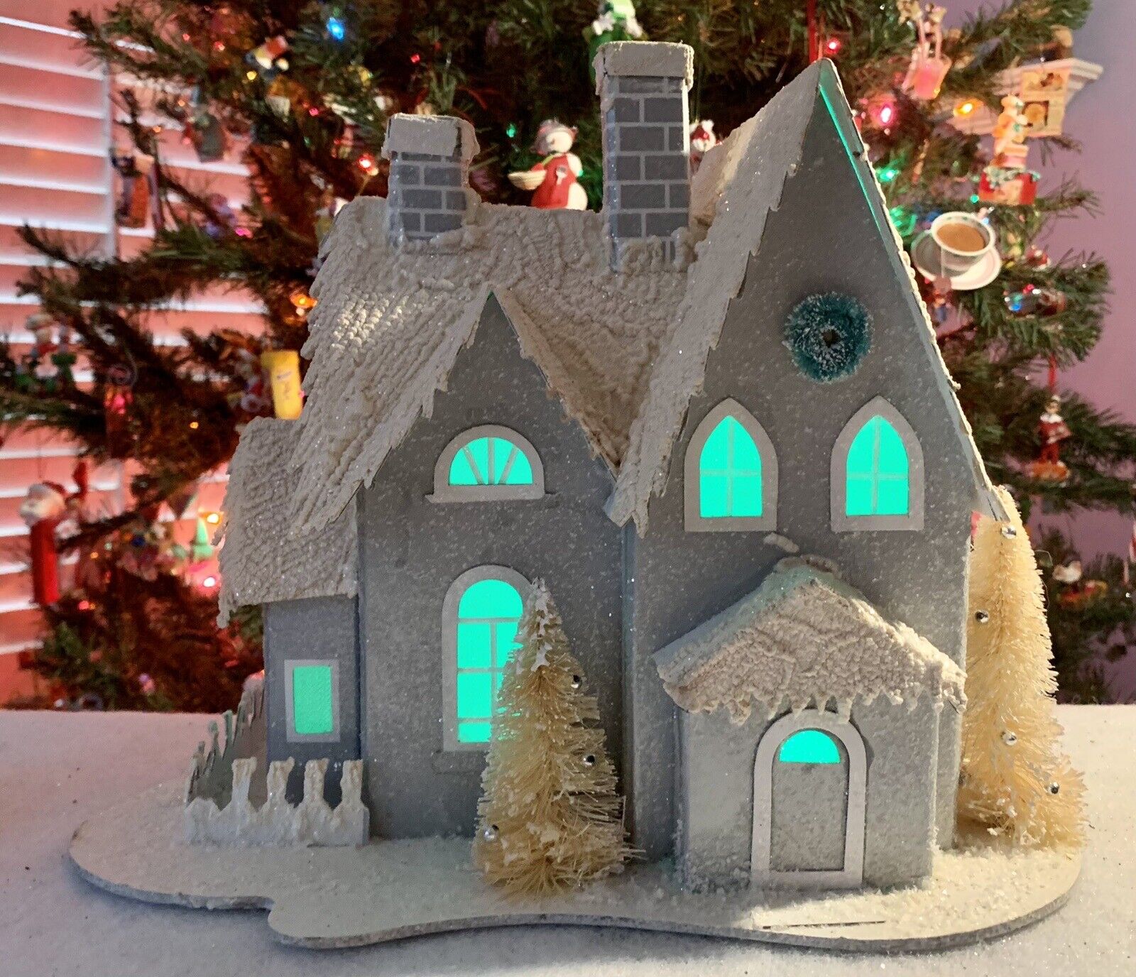 Flocked Gray & Cream Putz Christmas Village TUDOR HOUSE: Color Changing Lights