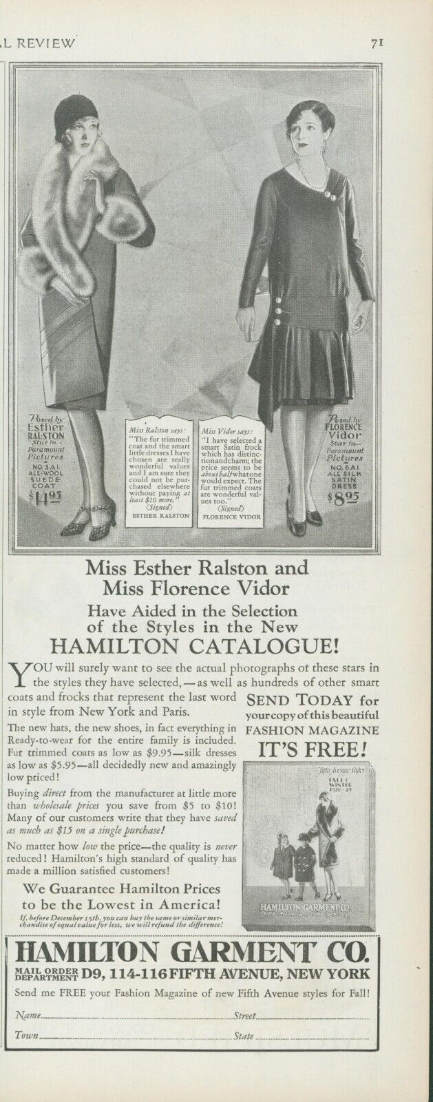 1928 Hamilton Garment Esther Ralston Florence Vidor Fur Trim Vtg Print Ad PR2