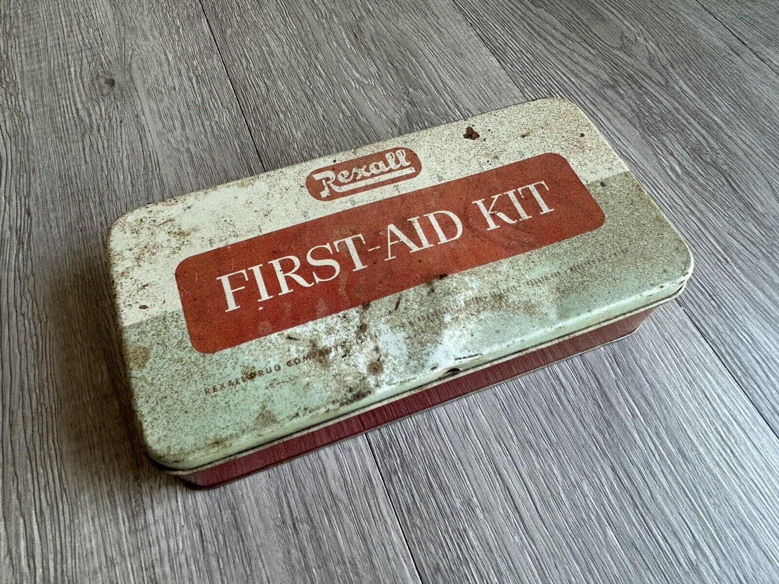 Vintage Rexall Drug First Aid Kit Metal Tin Rusted EMPTY Bath Cottage Decor