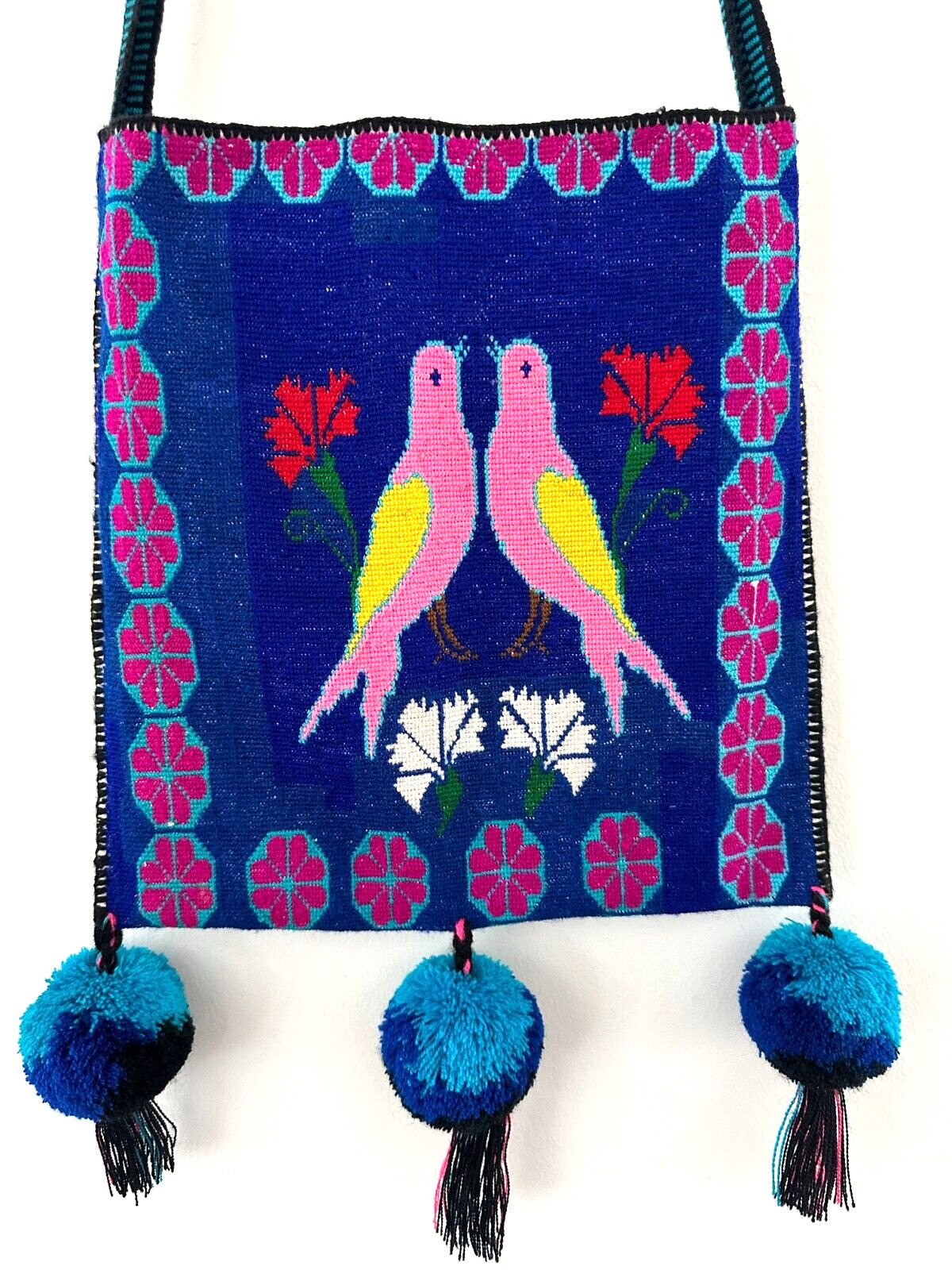 Huichol Indian Mexico Cross Stitched Hand Made Indigenous Bag Love Birds Flowers