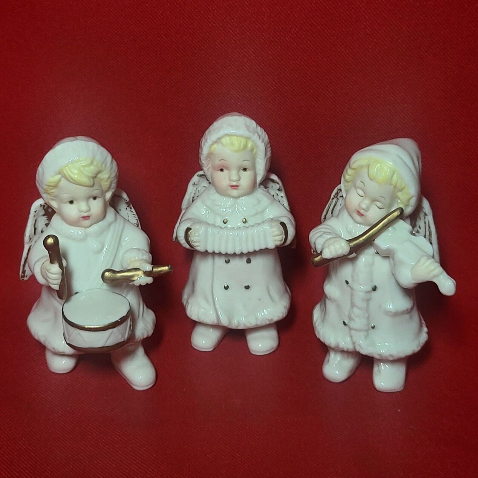 Grandeur Noel Musical Porcelain Angel Figurines Set of 3 Drum Violin Accordion