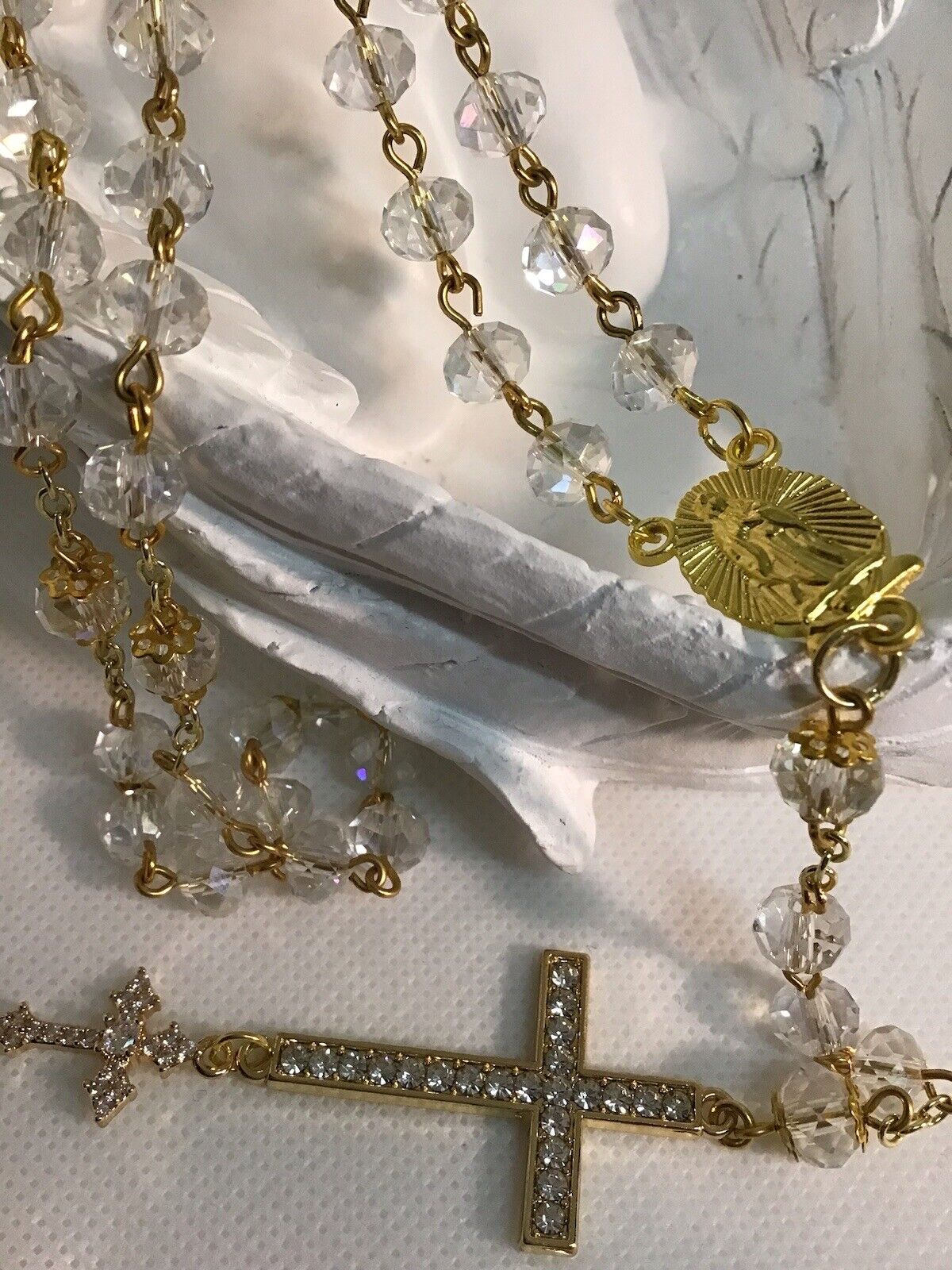 Exquisite Clear Crystal Rosary With Gold Accents And A Double Rhinestone Cross