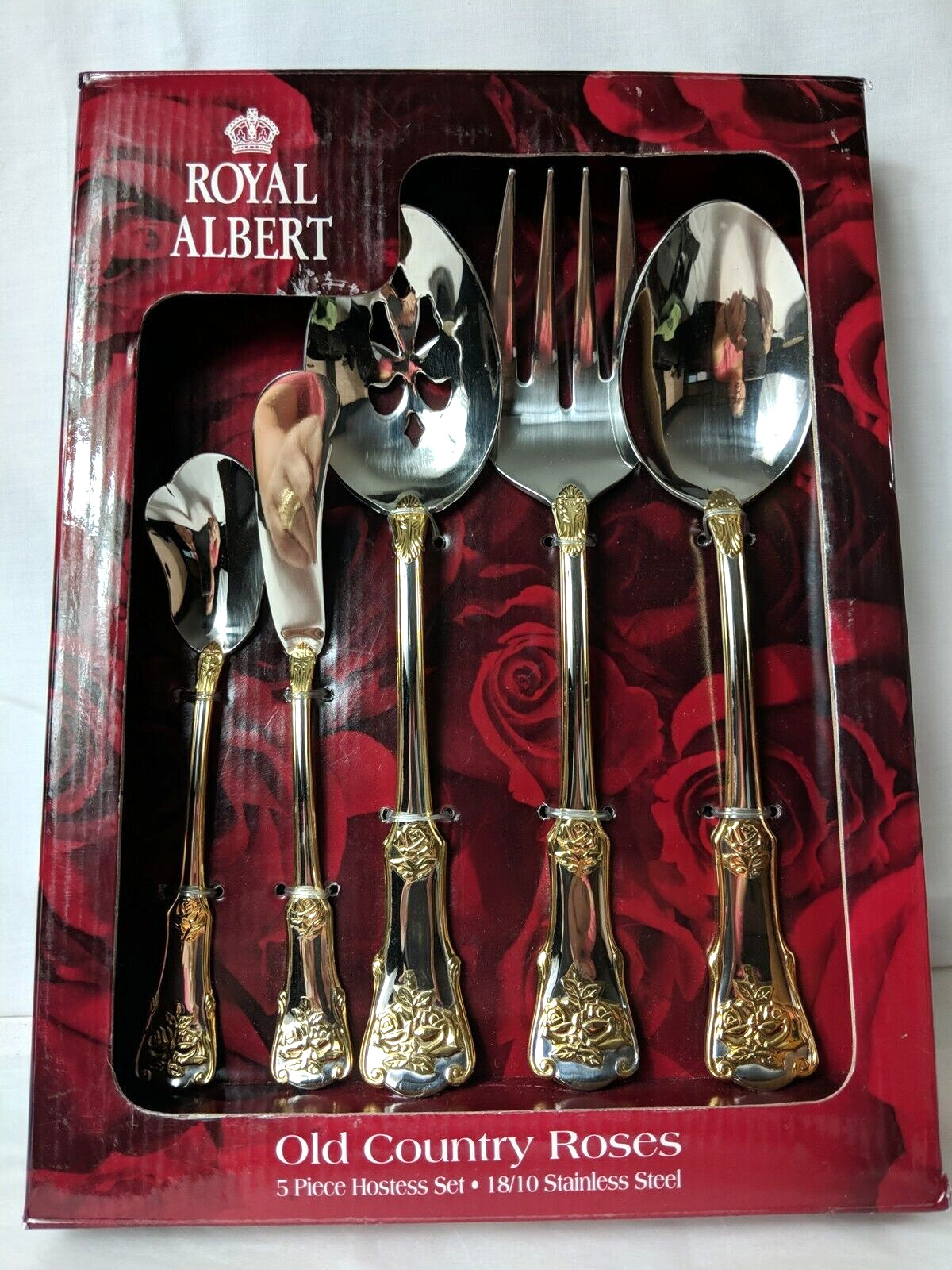Royal Albert Old Country Roses 5 Piece Stainless And Gold Hostess Set NIB Lovely