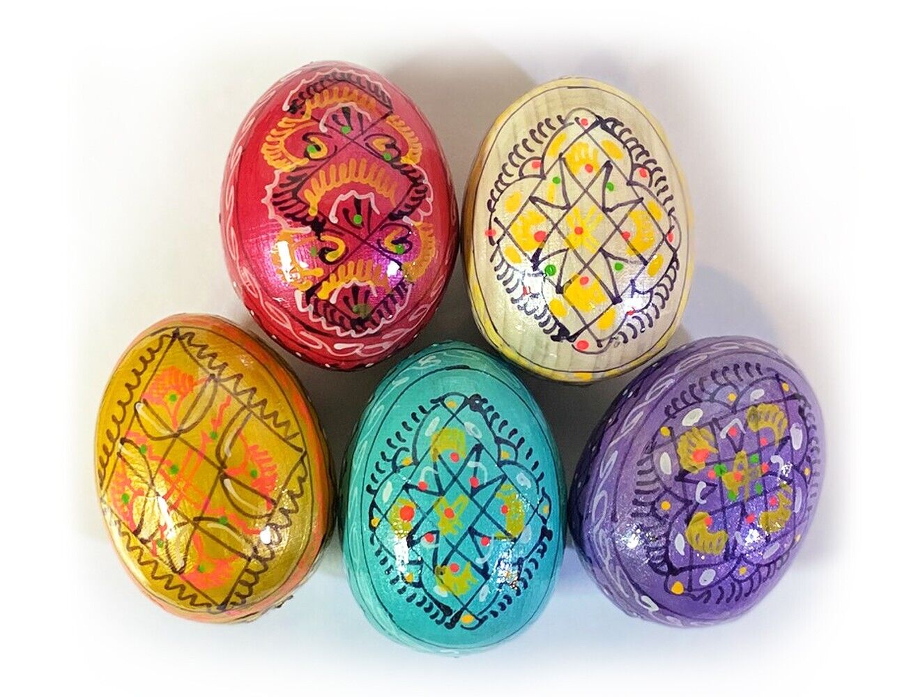 Pearlized Authentic Set of 5 Ukrainian Wooden Pysanky Pysanki Wood Easter Eggs 2