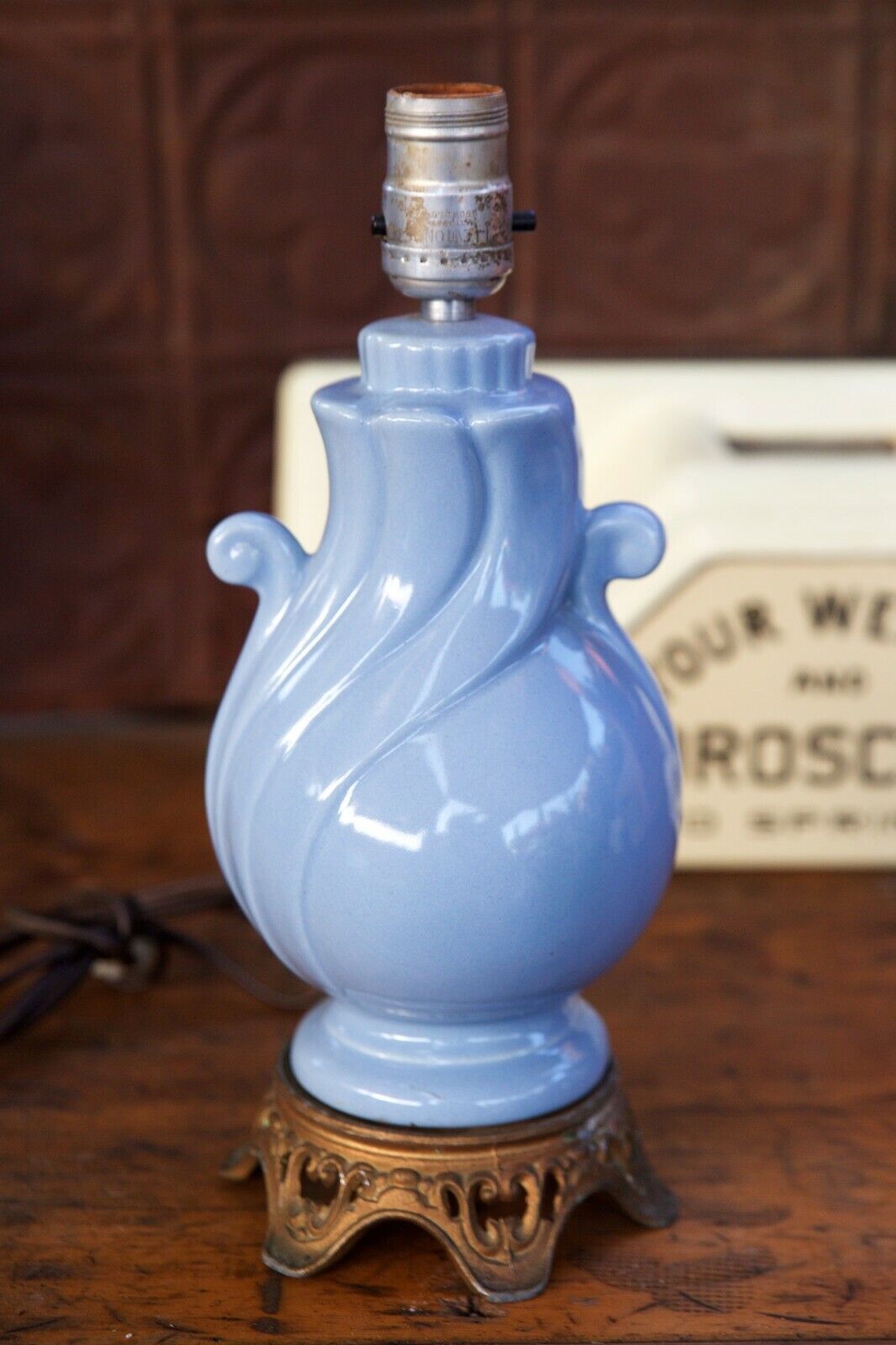 Antique Light Cerulean Blue Artisan Ceramic California Pottery Lamp 13”
