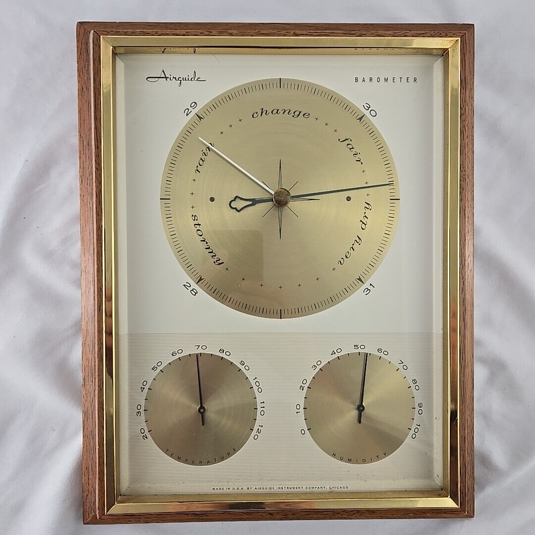 Vintage MCM Airguide Barometer Weather Station Humidity Thermometer Teak USA