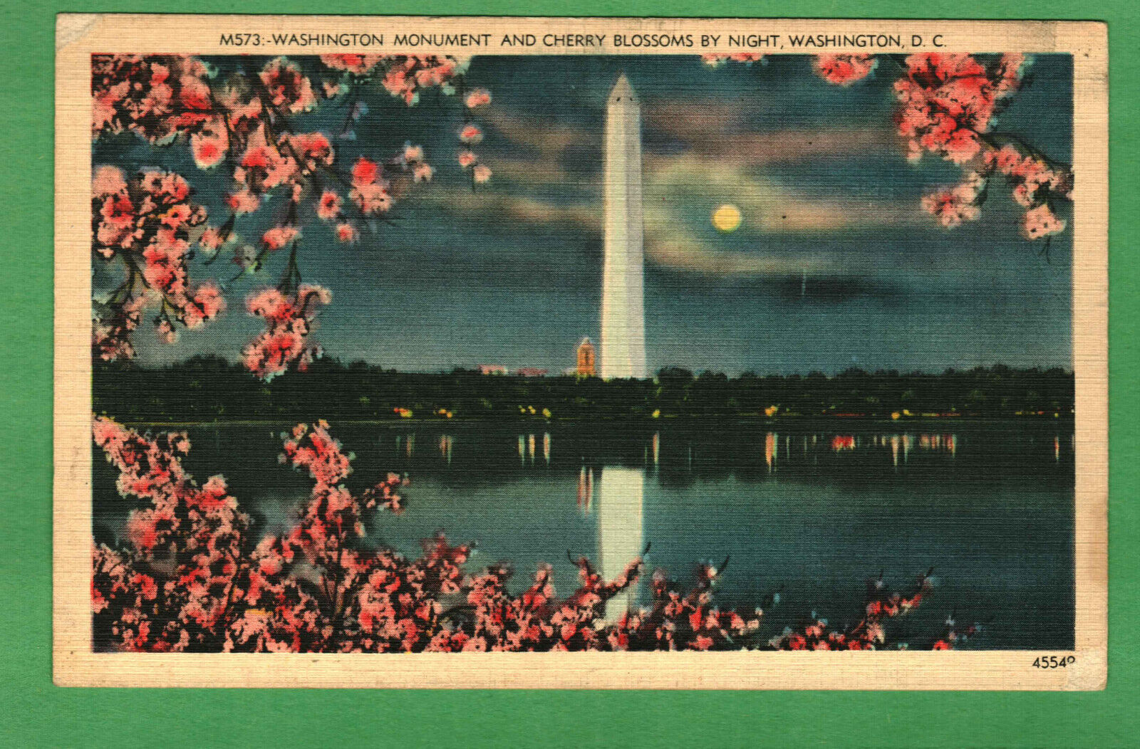 Postcard Washington Monument And Cherry Blossoms At Night Washington D. C.