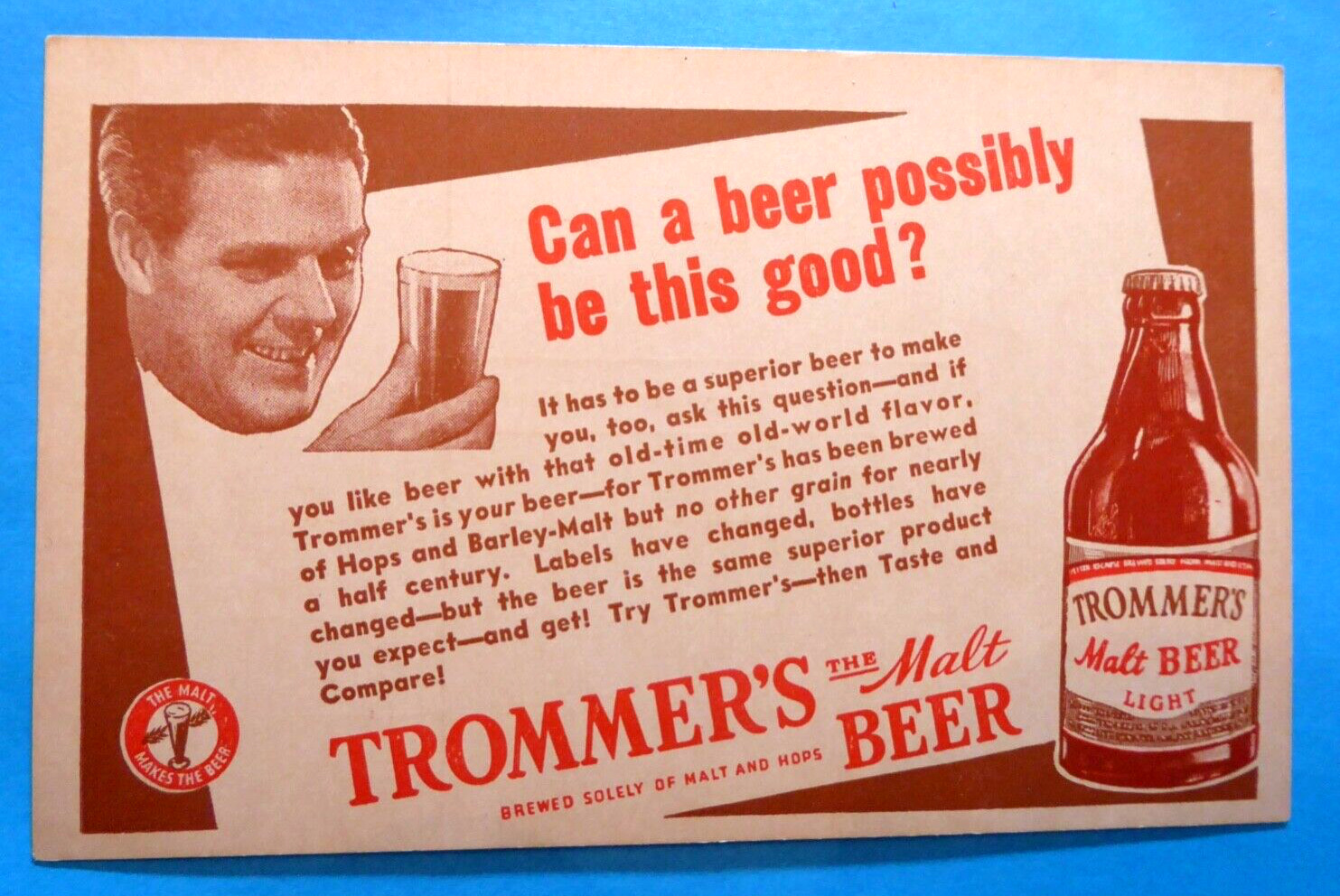 Trommer\'s All-Malt Beer Brooklyn NY and Orange NJ Postcard
