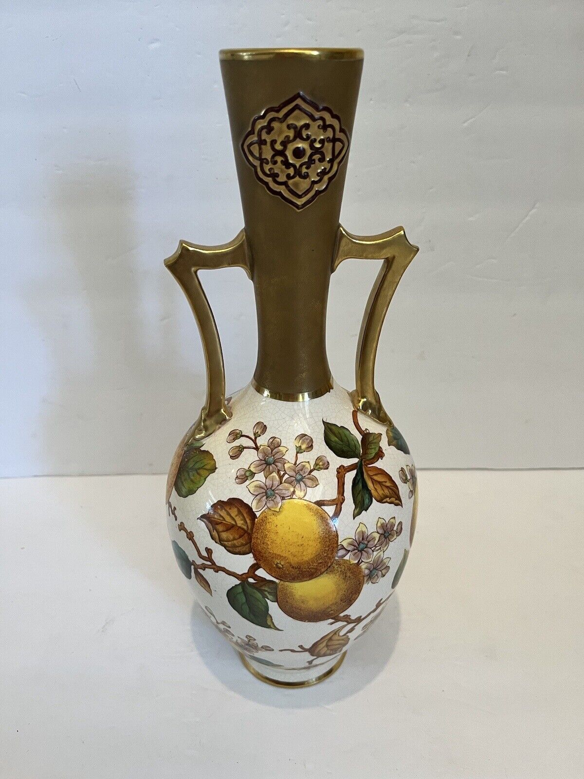 Antique Old Hall Gold Vase With Fruit c. 1884-1902 England Designed By Dressler
