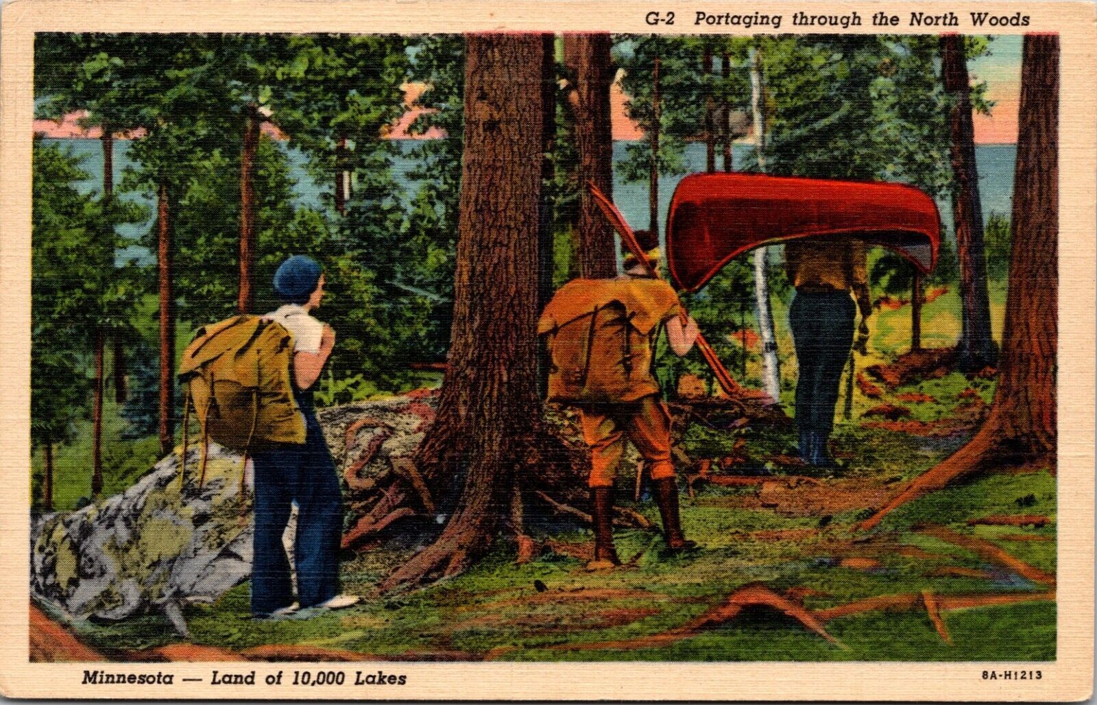 Minnesota MN Portaging Through North Woods Canoe Linen Vintage Postcard