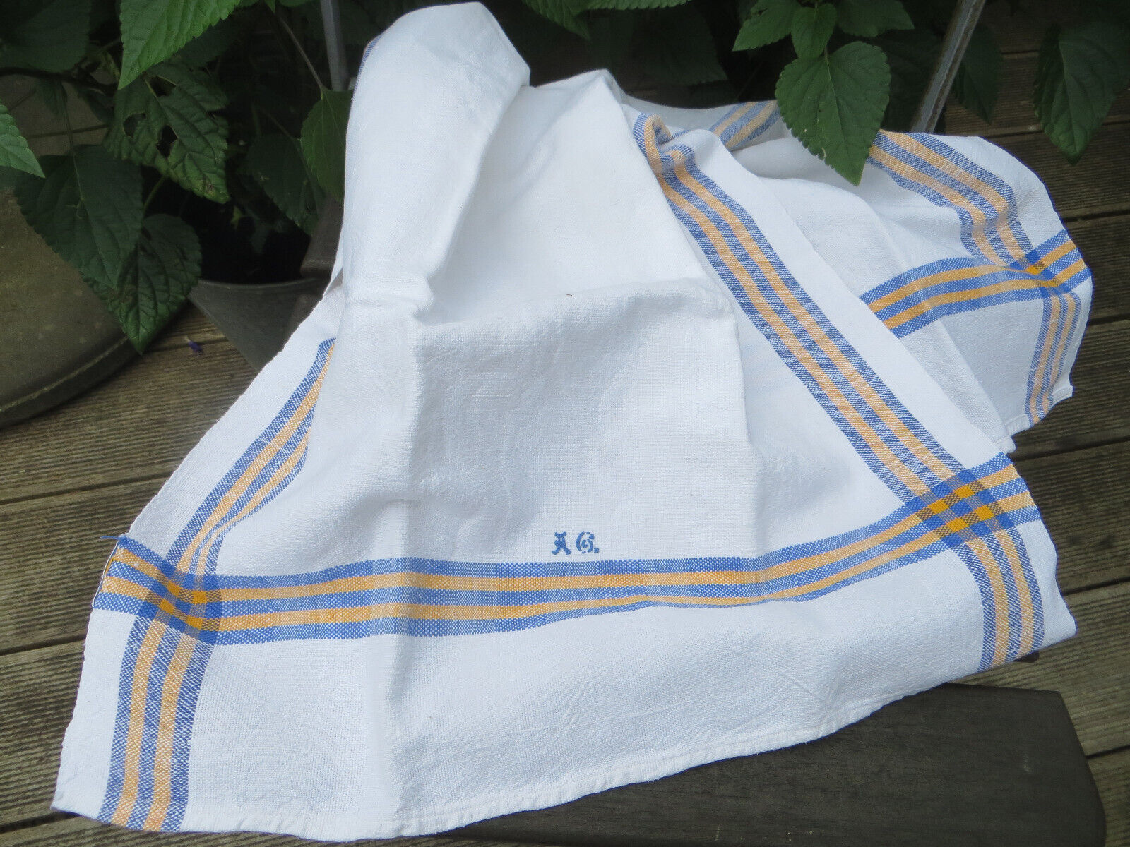 Towel Handwoven Linen Antique Blue and Yellow Stripes Monogram  AG Germanlinen