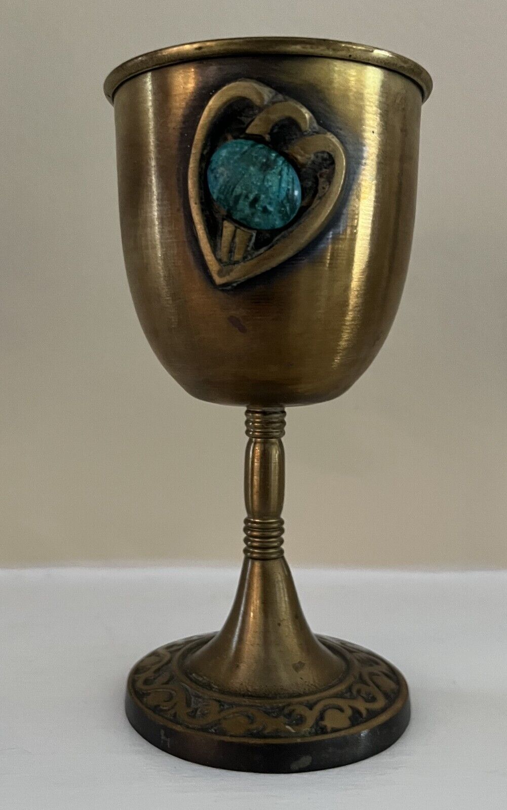 Vintage Brass Jewish Kiddush Cup with Turquoise embelishment