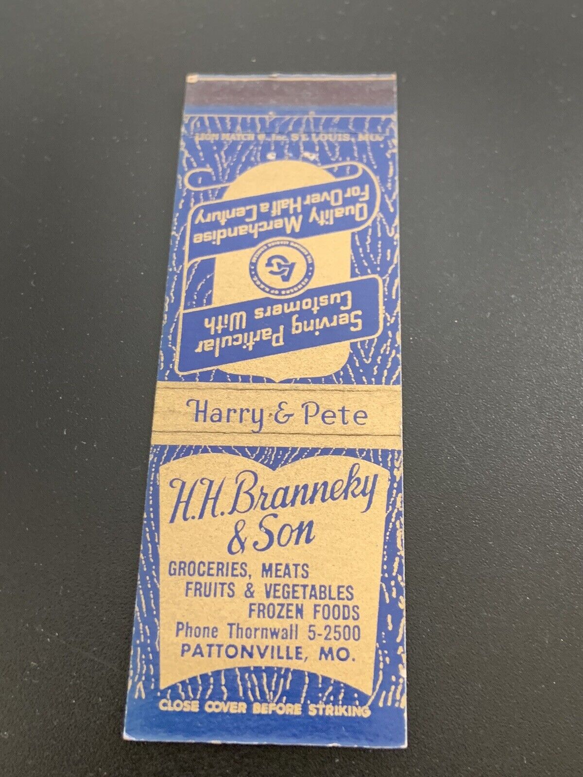 Vintage Missouri Matchbook: “HH Branneky & Sons” Pattonville, MO