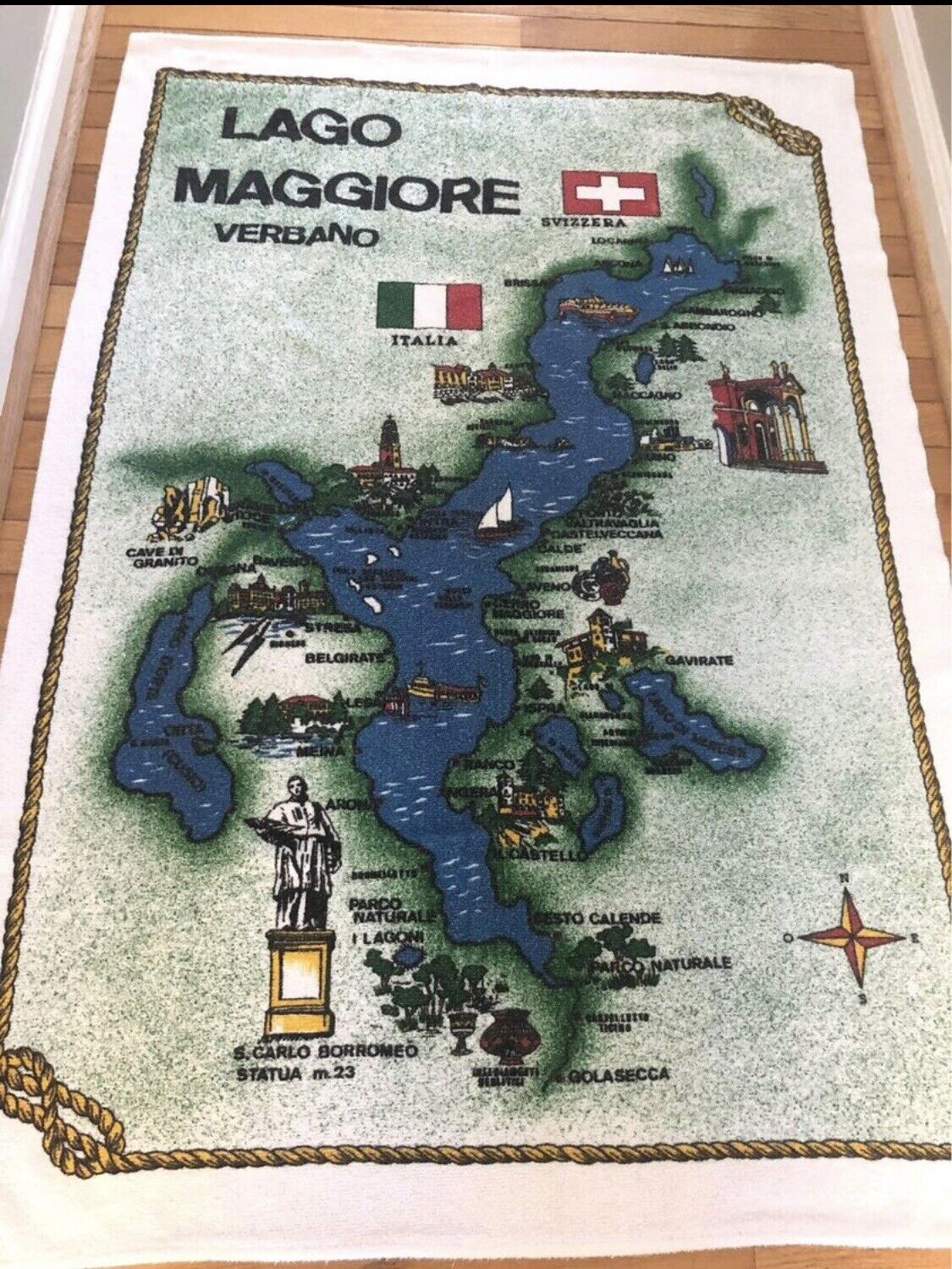 A Vintage Lago Maggiore Beach Towel Italy Map Design Rare 35”x55” Cotton