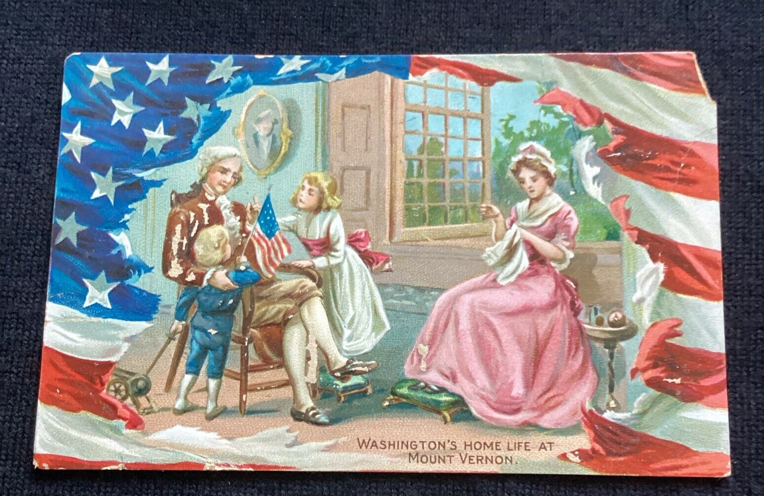 Vintage President George Washington at home with children American flag Postcard