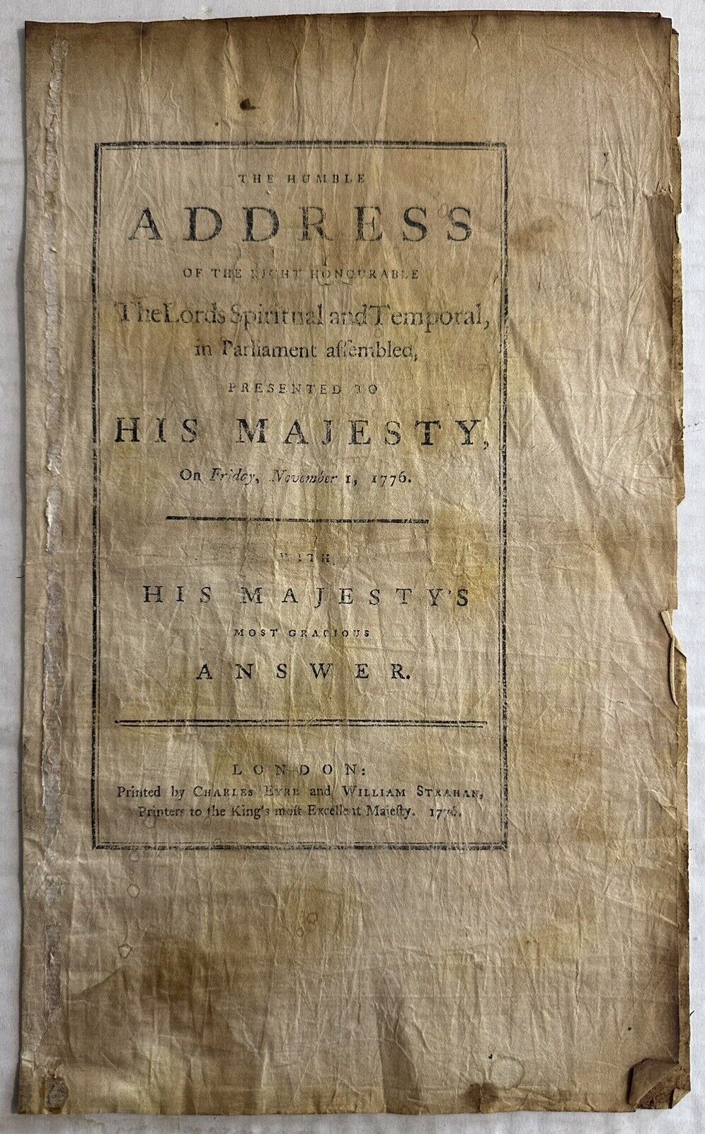 Extremely Scarse 1776 Englands Kings Address Revolutionary War - Battle of NY
