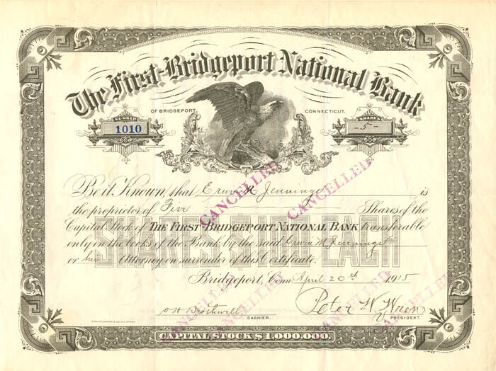First-Bridgeport National Bank - Stock Certificate - Banking Stocks