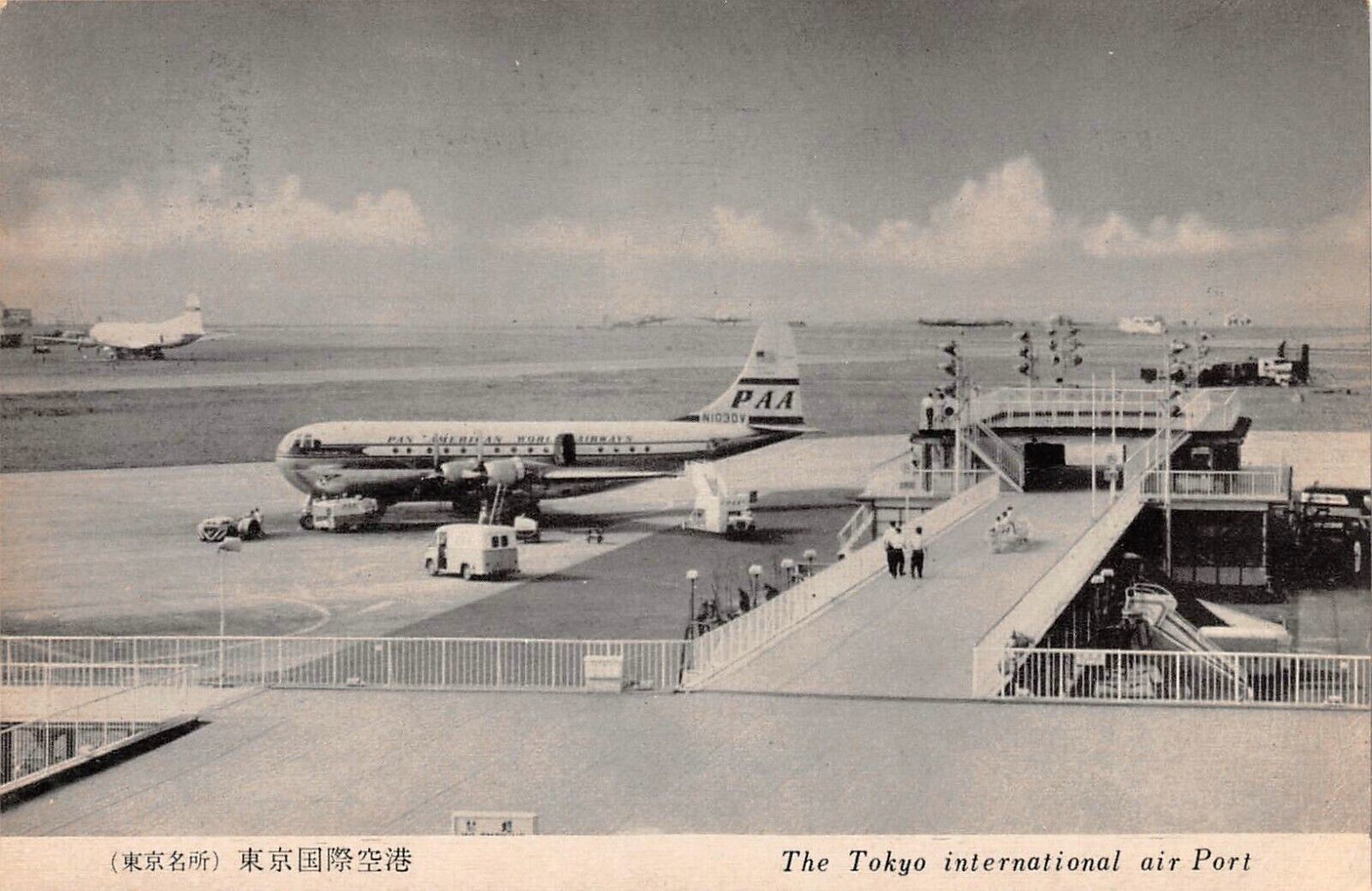 Postcard Tokyo Japan Haneda Intl Airport Pan Am Boeing 377 Stratocruiser ~1950s