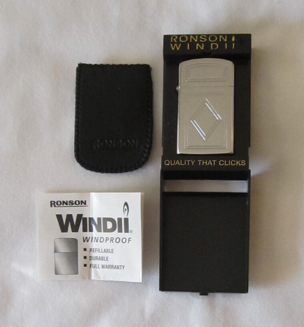 RONSON WIND II Vintage Chrome Lighter, Display Case, Pouch, Instructions - NEW