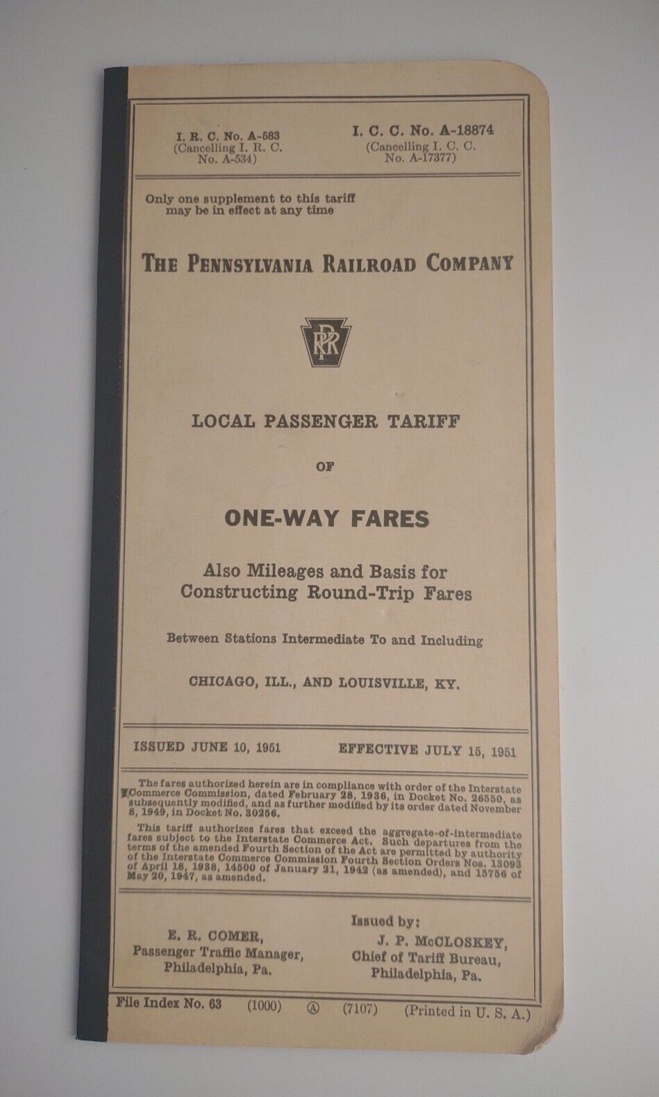 1951 Pennsylvania Railroad Company Local Passenger Tariff Of One Way Fares