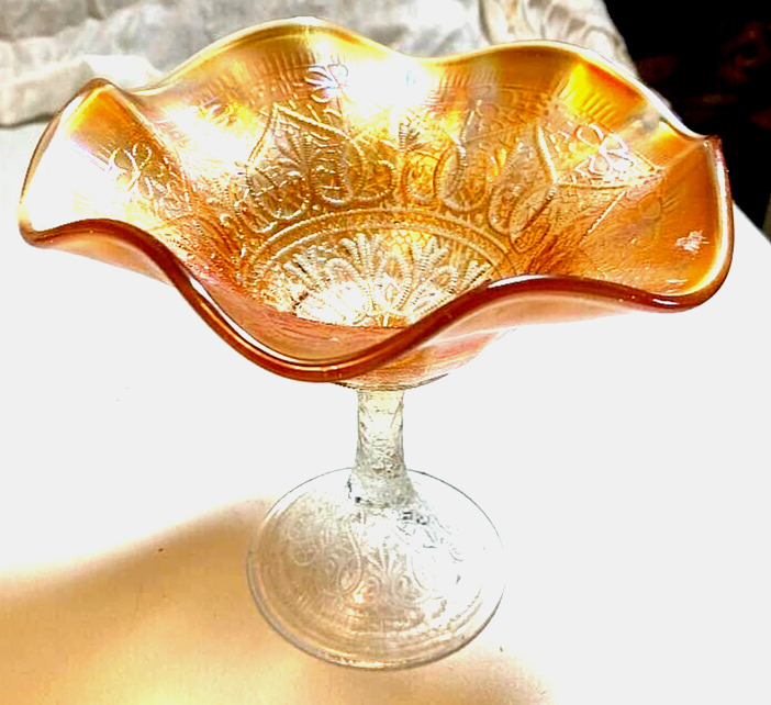 Northwood Hearts & Flowers Marigold Opalescent Carnival Glass Compote.