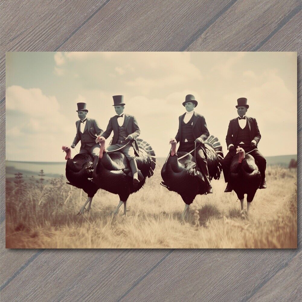 POSTCARD Turkey Riding Men Top Hat Old School Vibe Weird Strange Funny Race