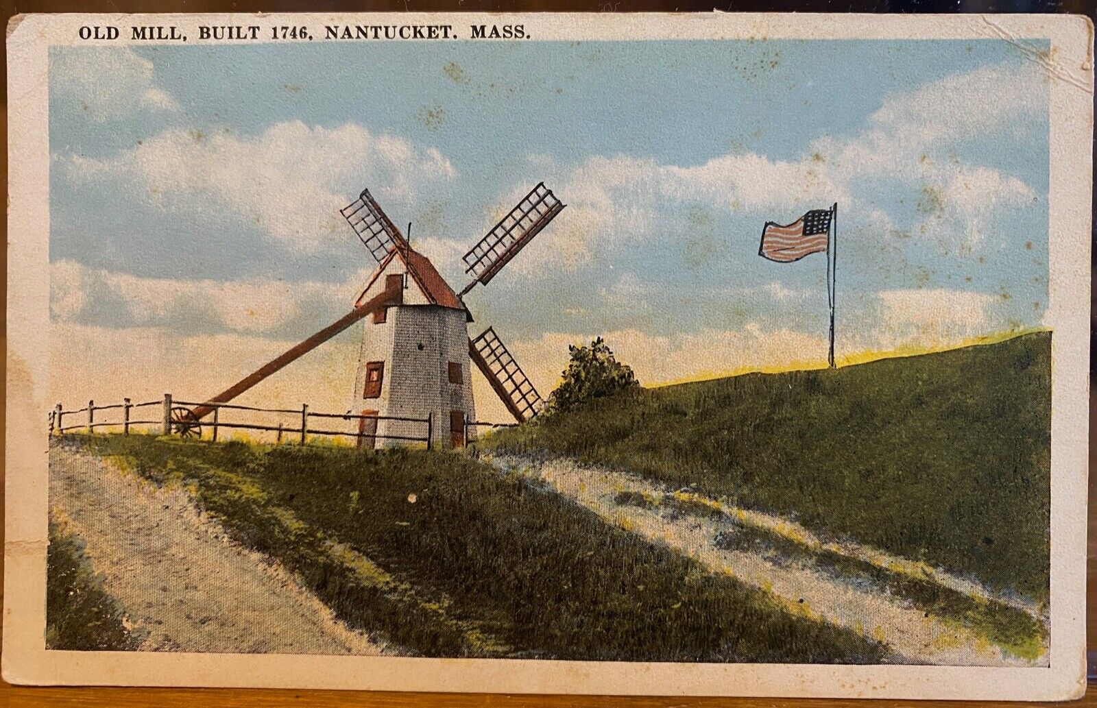 Vintage Massachusetts Postcard OLD MILL Nantucket 1746 Windmill w US Flag Added
