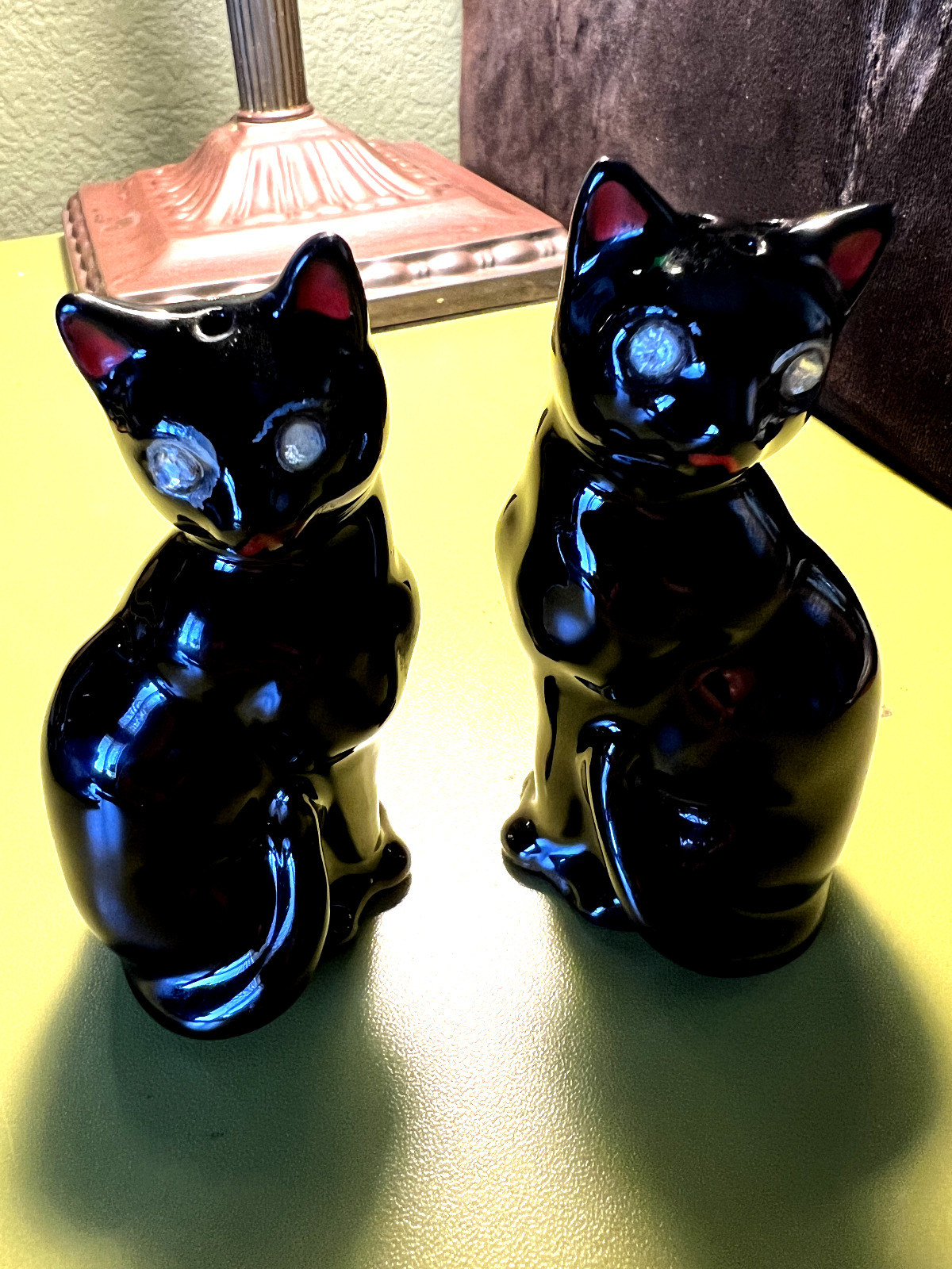 Vintage Enesco Black Cat Couple jeweled eyes Salt & Pepper Shakers Japan 3.75\