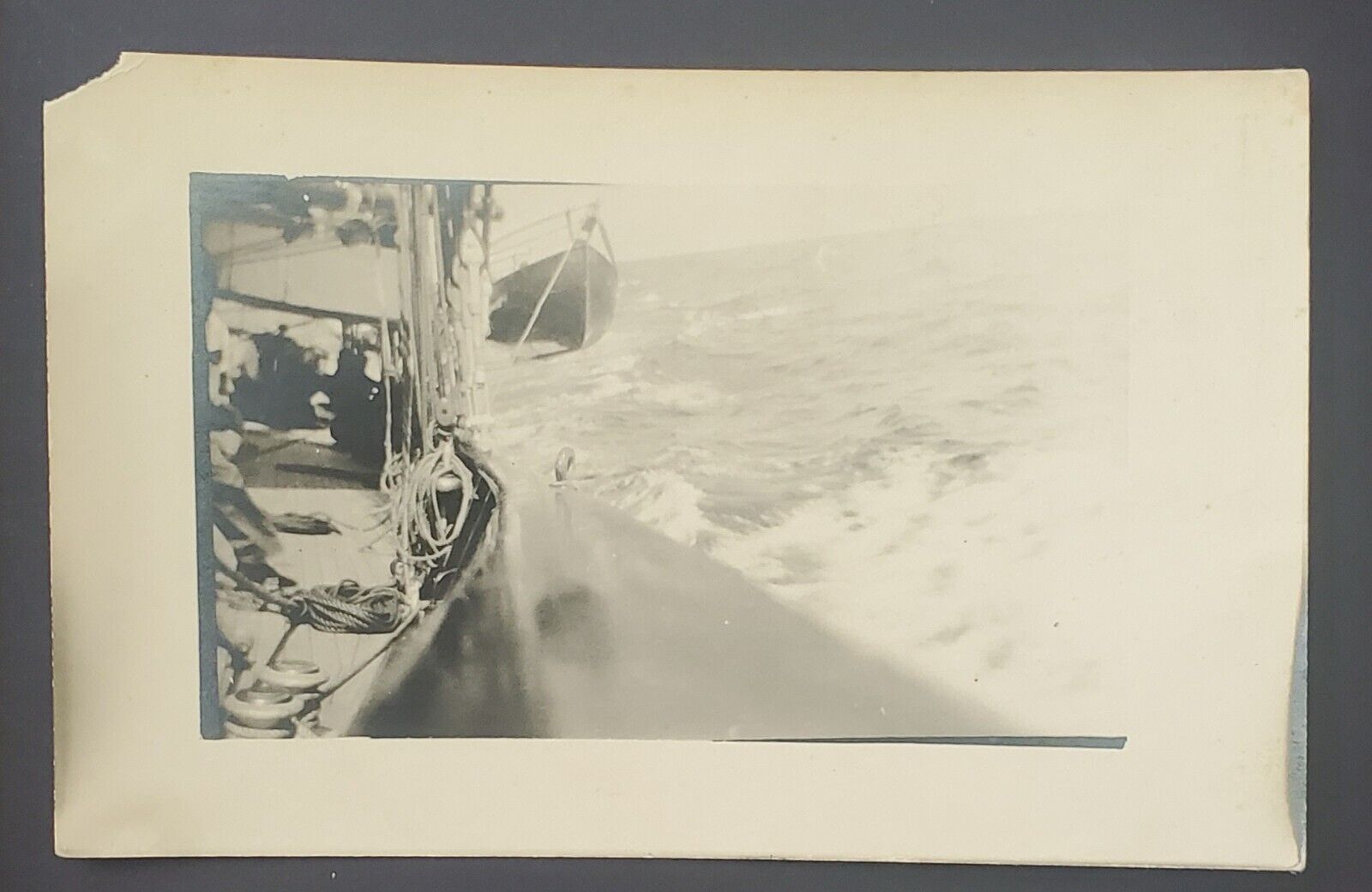 RPPC Fishing Boat out at sea Big Waves Crashing Real Photo Postcard Unposted