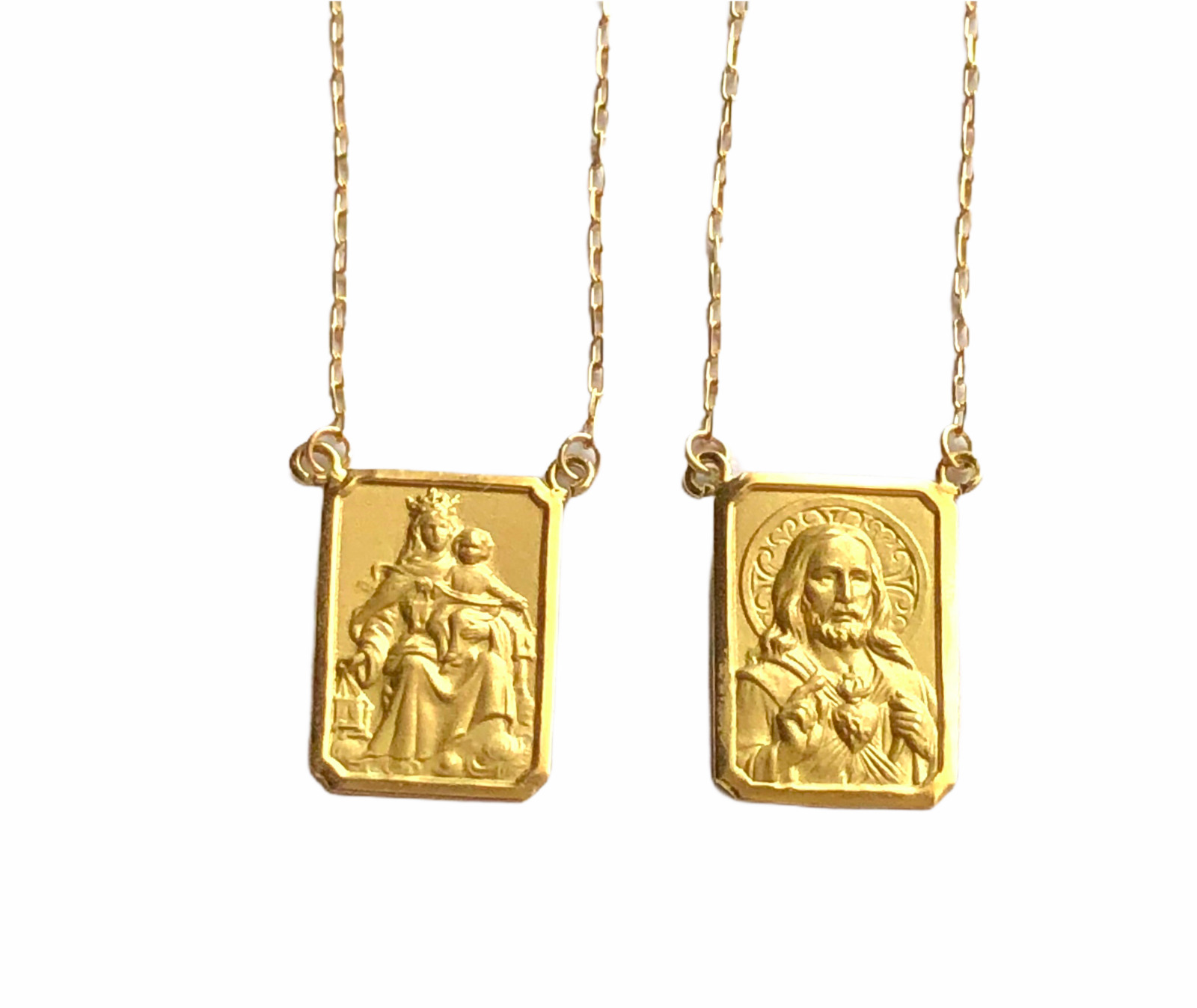 Scapular Solid 18k Gold Lady of Carmel with heart of Jesus Medium Medal 