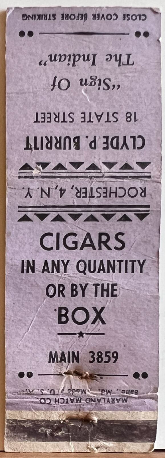 Clyde P Burritt Rochester NY New York Cigars Pipes Vintage Matchbook Cover