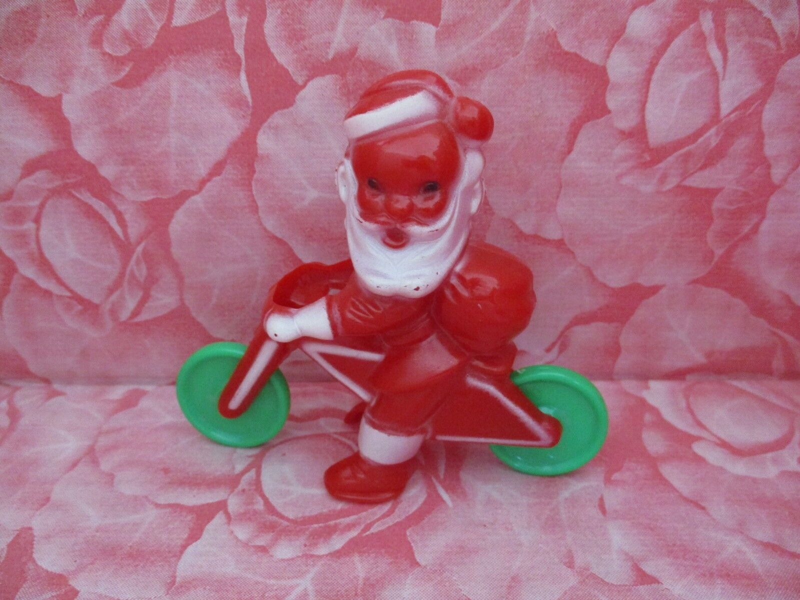 Vintage Christmas Rosbro Santa Claus on Bike Plastic Candy Container