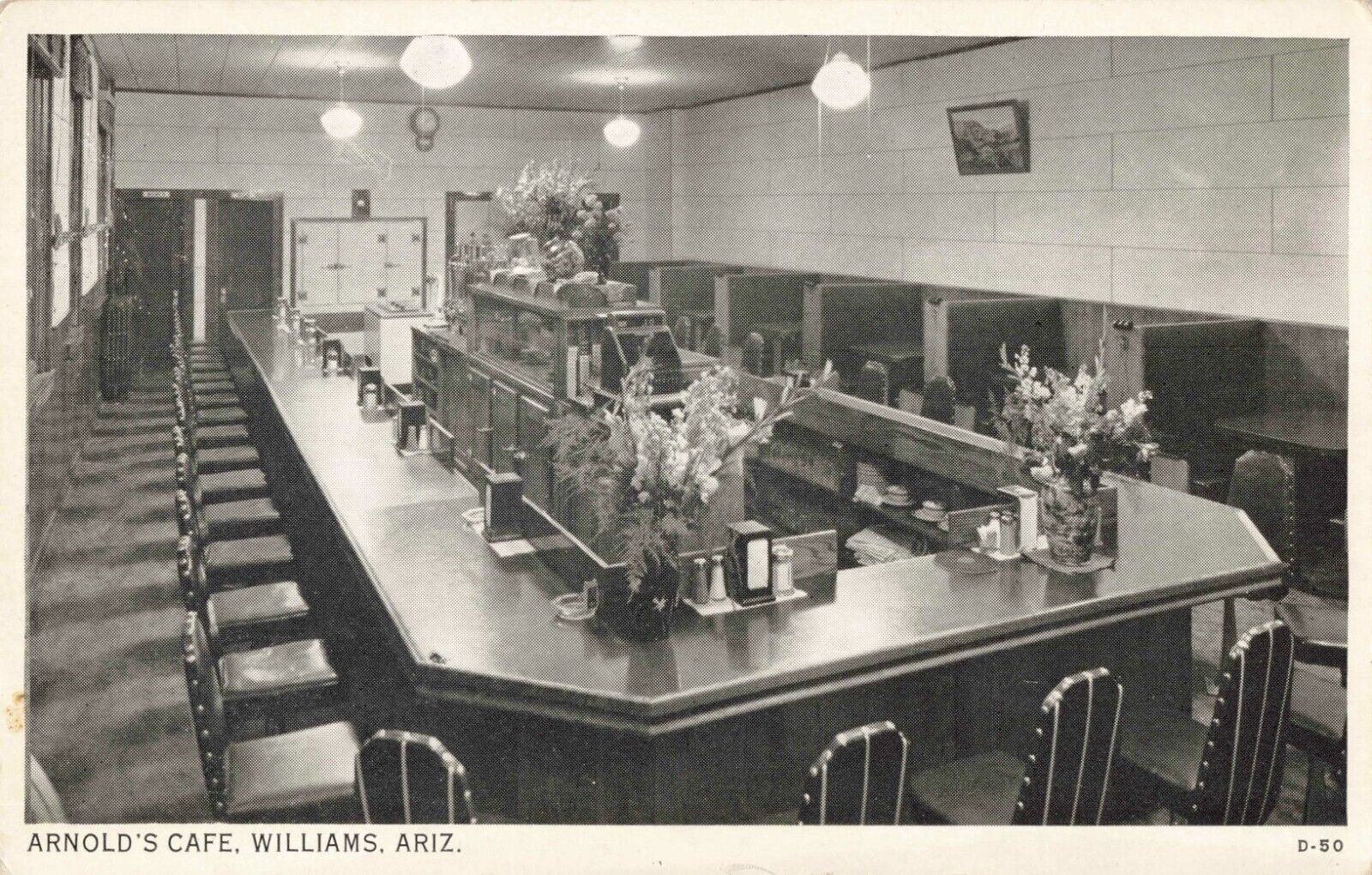 Interior Arnold's Cafe Williams Arizona AZ Route 66 c1940 Postcard