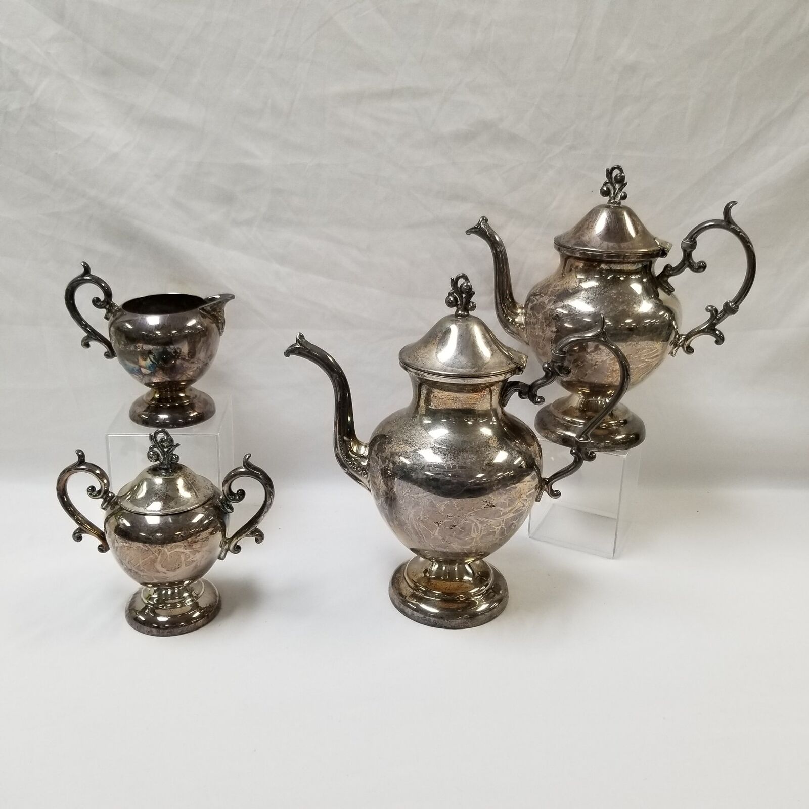 4pc Lot of Vintage Silver Plate on Copper Teapots w/ Creamer & Sugar Bowl^